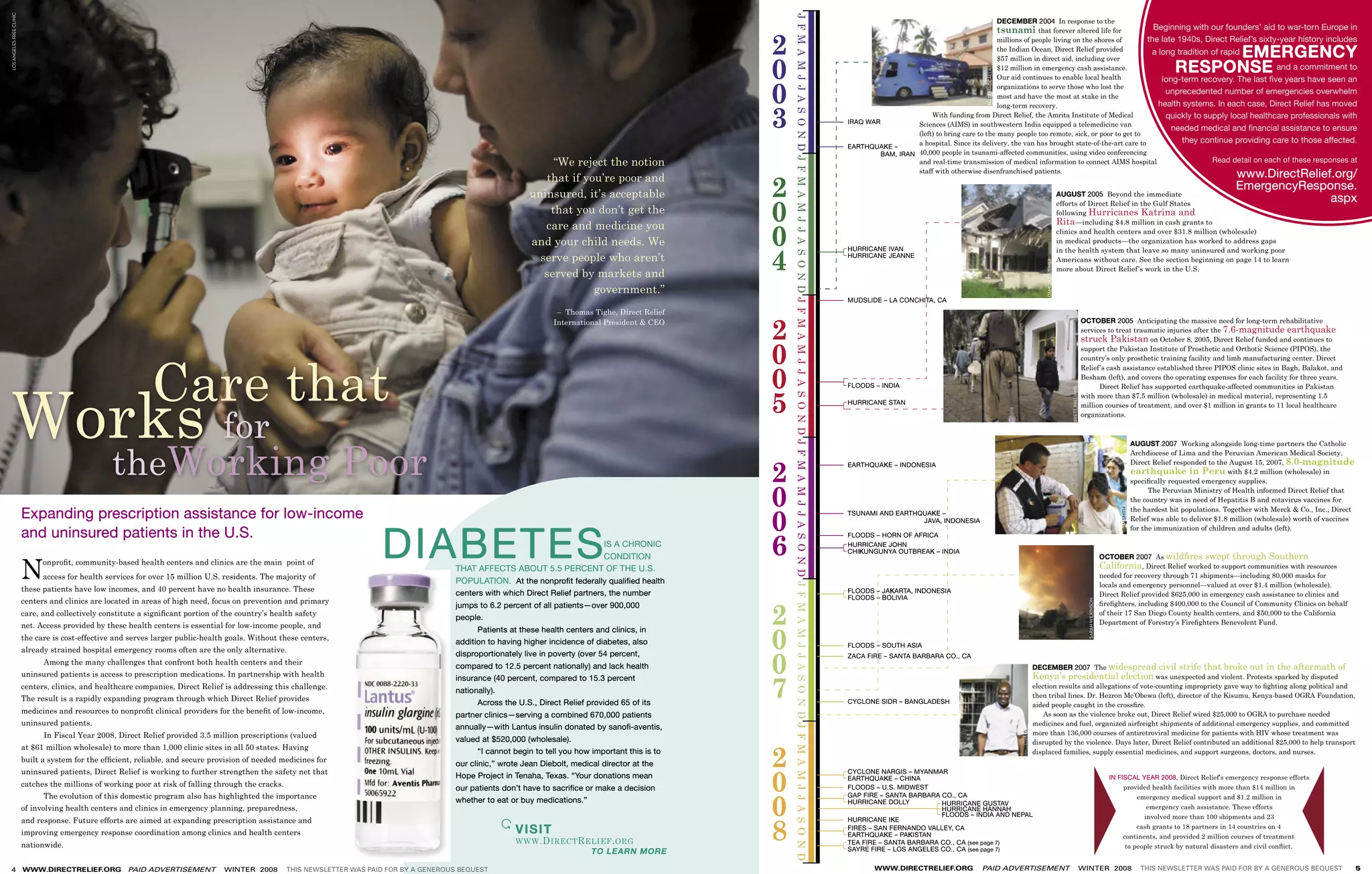 LOS ANGELES FREE CLINIC




                                                                                                                                                                                                                   J F M A M J J A S O N DJ F M A M J J A S O N DJ F M A M J J A S O N DJ F M A M J J A S O N DJ F M A M J J A S O N DJ F M A M J J A S O N D
                                                                                                                                                                                                                                                                                                                                                                                                     DECEMBER 2004 In response to the
                                                                                                                                                                                                                                                                                                                                                                                                     tsunami that forever altered life for              Beginning with our founders’ aid to war-torn Europe in

                                                                                                                                                                                                               2                                                                                                                                                                                     millions of people living on the shores of
                                                                                                                                                                                                                                                                                                                                                                                                     the Indian Ocean, Direct Relief provided
                                                                                                                                                                                                                                                                                                                                                                                                                                                      the late 1940s, Direct Relief’s sixty-year history includes
                                                                                                                                                                                                                                                                                                                                                                                                                                                       a long tradition of rapid                                             EMERGENCY
                                                                                                                                                                                                               0
                                                                                                                                                                                                                                                                                                                                                                                                     $57 million in direct aid, including over
                                                                                                                                                                                                                                                                                                                                                                                                     $12 million in emergency cash assistance.                                             and a commitment to          RESPONSE




                                                                                                                                                                                                                                                                                                                                                                                              MATT MACCALLA
                                                                                                                                                                                                                                                                                                                                                                                                     Our aid continues to enable local health             long-term recovery. The last ﬁve years have seen an

                                                                                                                                                                                                               0
                                                                                                                                                                                                                                                                                                                                                                                                     organizations to serve those who lost the
                                                                                                                                                                                                                                                                                                                                                                                                                                                           unprecedented number of emergencies overwhelm
                                                                                                                                                                                                                                                                                                                                                                                                     most and have the most at stake in the
                                                                                                                                                                                                                                                                                                                                                                                                                                                         health systems. In each case, Direct Relief has moved

                                                                                                                                                                                                               3
                                                                                                                                                                                                                                                                                                                                                                                                     long-term recovery.
                                                                                                                                                                                                                                                                                                                                                                              With funding from Direct Relief, the Amrita Institute of Medical             quickly to supply local healthcare professionals with
                                                                                                                                                                                                                                                                                                                                                                         Sciences (AIMS) in southwestern India equipped a telemedicine van
                                                                                                                                                                                                                                                                                                                                                                                                                                                             needed medical and ﬁnancial assistance to ensure
                                                                                                                                                                                                                                                                                                                                                                         (left) to bring care to the many people too remote, sick, or poor to get to
                                                                                                                                                                                                                                                                                                                                                                         a hospital. Since its delivery, the van has brought state-of-the-art care to           they continue providing care to those affected.
                                                                                                                                                                                                                                                                                                                                                                         40,000 people in tsunami-affected communities, using video conferencing
                                                                                                                                                                                                                                                                                                                                                                         and real-time transmission of medical information to connect AIMS hospital                     Read detail on each of these responses at
                                                                                                                                                                                                                                                                                                                                                                         staff with otherwise disenfranchised patients.
                                                                                                                                                                                                                                                                                                                                                                                                                                                                                                                                           www.DirectRelief.org/
                                                                                                                                                                                                               2                                                                                                                                                                                                                                AUGUST 2005 Beyond the immediate
                                                                                                                                                                                                                                                                                                                                                                                                                                                                                                                                           EmergencyResponse.
                                                                                                                                                                                                                                                                                                                                                                                                                                                                                                                                                           aspx
                                                                                                                                                                                                               0
                                                                                                                                                                                                                                                                                                                                                                                                                                                efforts of Direct Relief in the Gulf States
                                                                                                                                                                                                                                                                                                                                                                                                                                                following Hurricanes Katrina and
                                                                                                                                                                                                                                                                                                                                                                                                                                                Rita—including $4.8 million in cash grants to

                                                                                                                                                                                                               0                                                                                                                                                                                                                                clinics and health centers and over $31.8 million (wholesale)
                                                                                                                                                                                                                                                                                                                                                                                                                                                in medical products—the organization has worked to address gaps


                                                                                                                                                                                                               4
                                                                                                                                                                                                                                                                                                                                                                                                                                                in the health system that leave so many uninsured and working poor
                                                                                                                                                                                                                                                                                                                                                                                                                                                Americans without care. See the section beginning on page 14 to learn




                                                                                                                                                                                                                                                                                                                                                                                                                                DAMON TAUGHER
                                                                                                                                                                                                                                                                                                                                                                                                                                                more about Direct Relief’s work in the U.S.




                                                                                                                                                                                                               2
                                                                                                                                                                                                                                                                                                                                                                                                                                                                     OCTOBER 2005 Anticipating the massive need for long-term rehabilitative
                                                                                                                                                                                                                                                                                                                                                                                                                                                                     services to treat traumatic injuries after the 7.6-magnitude earthquake
                                                                                                                                                                                                                                                                                                                                                                                                                                                                     struck Pakistan on October 8, 2005, Direct Relief funded and continues to

                                                                                                                                                                                                               0                                                                                                                                                                                                                                                     support the Pakistan Institute of Prosthetic and Orthotic Science (PIPOS), the




                                                               Care that
                                                                                                                                                                                                                                                                                                                                                                                                                                                                     country’s only prosthetic training facility and limb manufacturing center. Direct


                                                                                                                                                                                                               0
                                                                                                                                                                                                                                                                                                                                                                                                                                                                     Relief’s cash assistance established three PIPOS clinic sites in Bagh, Balakot, and
                                                                                                                                                                                                                                                                                                                                                                                                                                                                     Besham (left), and covers the operating expenses for each facility for three years.




Works for
                                                                                                                                                                                                                                                                                                                                                                                                                                                                           Direct Relief has supported earthquake-affected communities in Pakistan


                                                                                                                                                                                                               5




                                                                                                                                                                                                                                                                                                                                                                                                                                                    BRETT WILLIAMS
                                                                                                                                                                                                                                                                                                                                                                                                                                                                     with more than $7.5 million (wholesale) in medical material, representing 1.5
                                                                                                                                                                                                                                                                                                                                                                                                                                                                     million courses of treatment, and over $1 million in grants to 11 local healthcare
                                                                                                                                                                                                                                                                                                                                                                                                                                                                     organizations.




                                                    theWorking Poor
                                                                                                                                                                                                                                                                                                                                                                                                                                                                                                           AUGUST 2007 Working alongside long-time partners the Catholic
                                                                                                                                                                                                                                                                                                                                                                                                                                                                                                           Archdiocese of Lima and the Peruvian American Medical Society,


                                                                                                                                                                                                               2
                                                                                                                                                                                                                                                                                                                                                                                                                                                                                                           Direct Relief responded to the August 15, 2007, 8.0-magnitude
                                                                                                                                                                                                                                                                                                                                                                                                                                                                                                           earthquake in Peru with $4.2 million (wholesale) in
                                                                                                                                                                                                                                                                                                                                                                                                                                                                                                           speciﬁcally requested emergency supplies.


                                                                                                                                                                                                               0                                                                                                                                                                                                                                                                                                 The Peruvian Ministry of Health informed Direct Relief that
                                                                                                                                                                                                                                                                                                                                                                                                                                                                                                           the country was in need of Hepatitis B and rotavirus vaccines for



                                                                                                                                                                                                               0
                                                                                                                                                                                                                                                                                                                                                                                                                                                                                                           the hardest hit populations. Together with Merck & Co., Inc., Direct




                                                                                                                                                                                                                                                                                                                                                                                                                                                                                               DAN SMITH
                                                                                                                                                                                                                                                                                                                                                                                                                                                                                                           Relief was able to deliver $1.8 million (wholesale) worth of vaccines
                                                                                                                                                                                                                                                                                                                                                                                                                                                                                                           for the immunization of children and adults (left).

                                                                                                                                                                                            IS A CHRONIC
                                                                                                                                                                                            CONDITION          6                                                                                                                                                                                                                                                                         OCTOBER 2007 As wildﬁres swept through Southern

                          N
                                onproﬁt, community-based health centers and clinics are the main point of                                                                                                                                                                                                                                                                                                                                                                                California, Direct Relief worked to support communities with resources
                                                                                                                                                 THAT AFFECTS ABOUT 5.5 PERCENT OF THE U.S.
                                access for health services for over 15 million U.S. residents. The majority of                                                                                                                                                                                                                                                                                                                                                                           needed for recovery through 71 shipments—including 80,000 masks for
                                                                                                                                                 POPULATION. At the nonproﬁt federally qualiﬁed health                                                                                                                                                                                                                                                                                   locals and emergency personnel—valued at over $1.4 million (wholesale).
                          these patients have low incomes, and 40 percent have no health insurance. These
                                                                                                                                                 centers with which Direct Relief partners, the number                                                                                                                                                                                                                                                                                   Direct Relief provided $625,000 in emergency cash assistance to clinics and
                          centers and clinics are located in areas of high need, focus on prevention and primary

                                                                                                                                                                                                               2




                                                                                                                                                                                                                                                                                                                                                                                                                                                                       SARAH WILKINSON
                                                                                                                                                 jumps to 6.2 percent of all patients—over 900,000                                                                                                                                                                                                                                                                                       ﬁreﬁghters, including $400,000 to the Council of Community Clinics on behalf
                          care, and collectively constitute a signiﬁcant portion of the country’s health safety                                                                                                                                                                                                                                                                                                                                                                          of their 17 San Diego County health centers, and $50,000 to the California
                                                                                                                                                 people.
                          net. Access provided by these health centers is essential for low-income people, and                                                                                                                                                                                                                                                                                                                                                                           Department of Forestry’s Fireﬁghters Benevolent Fund.


                                                                                                                                                                                                               0
                                                                                                                                                        Patients at these health centers and clinics, in
                          the care is cost-effective and serves larger public-health goals. Without these centers,
                                                                                                                                                 addition to having higher incidence of diabetes, also
                          already strained hospital emergency rooms often are the only alternative.

                                                                                                                                                                                                               0
                                                                                                                                                 disproportionately live in poverty (over 54 percent,
                                Among the many challenges that confront both health centers and their
                                                                                                                                                 compared to 12.5 percent nationally) and lack health                                                                                                                                                                                                                       DECEMBER 2007 The widespread civil strife that broke out in the aftermath of
                          uninsured patients is access to prescription medications. In partnership with health                                                                                                                                                                                                                                                                                                              Kenya’s presidential election was unexpected and violent. Protests sparked by disputed
                                                                                                                                                                                                               7
                                                                                                                                                 insurance (40 percent, compared to 15.3 percent
                          centers, clinics, and healthcare companies, Direct Relief is addressing this challenge.                                                                                                                                                                                                                                                                                                           election results and allegations of vote-counting impropriety gave way to ﬁghting along political and
                                                                                                                                                 nationally).
                          The result is a rapidly expanding program through which Direct Relief provides                                                                                                                                                                                                                                                                                                                    then tribal lines. Dr. Hezron Mc’Obewa (left), director of the Kisumu, Kenya-based OGRA Foundation,
                                                                                                                                                        Across the U.S., Direct Relief provided 65 of its                                                                                                                                                                                                                   aided people caught in the crossﬁre.
                          medicines and resources to nonproﬁt clinical providers for the beneﬁt of low-income,
                                                                                                                                                 partner clinics—serving a combined 670,000 patients                                                                                                                                                                                                                            As soon as the violence broke out, Direct Relief wired $25,000 to OGRA to purchase needed
                          uninsured patients.                                                                                                                                                                                                                                                                                                                                                                               medicines and fuel, organized airfreight shipments of additional emergency supplies, and committed
                                                                                                                                                 annually—with Lantus insulin donated by sanoﬁ-aventis,
                                                                                                                                                                                                                                                                                                                                                                                                                            more than 136,000 courses of antiretroviral medicine for patients with HIV whose treatment was




                                                                                                                                                                                                                                                                                                                                                                                                              LORI WILLIS
                                In Fiscal Year 2008, Direct Relief provided 3.5 million prescriptions (valued
                                                                                                                                                 valued at $520,000 (wholesale).                                                                                                                                                                                                                                            disrupted by the violence. Days later, Direct Relief contributed an additional $25,000 to help transport


                                                                                                                                                                                                               2
                          at $61 million wholesale) to more than 1,000 clinic sites in all 50 states. Having
                                                                                                                                                        “I cannot begin to tell you how important this is to                                                                                                                                                                                                                displaced families, supply essential medicines, and support surgeons, doctors, and nurses.
                          built a system for the efﬁcient, reliable, and secure provision of needed medicines for
                                                                                                                                                 our clinic,” wrote Jean Diebolt, medical director at the


                                                                                                                                                                                                               0
                          uninsured patients, Direct Relief is working to further strengthen the safety net that
                                                                                                                                                 Hope Project in Tenaha, Texas. “Your donations mean
                          catches the millions of working poor at risk of falling through the cracks.
                                                                                                                                                 our patients don’t have to sacriﬁce or make a decision


                                                                                                                                                                                                               0
                                The evolution of this domestic program also has highlighted the importance
                                                                                                                                                 whether to eat or buy medications.”
                          of involving health centers and clinics in emergency planning, preparedness,


                                                                                                                                                                                                               8
                          and response. Future efforts are aimed at expanding prescription assistance and
                          improving emergency response coordination among clinics and health centers
                          nationwide.


 4                        WWW.DIRECTRELIEF.ORG          PAID ADVERTISEMENT          WINTER 2008         THIS NEWSLETTER WAS PAID FOR BY A GENEROUS BEQUEST                                                                                                                                                                                                      WWW.DIRECTRELIEF.ORG        PAID ADVERTISEMENT                                                       WINTER 2008                              THIS NEWSLETTER WAS PAID FOR BY A GENEROUS BEQUEST                   5
 