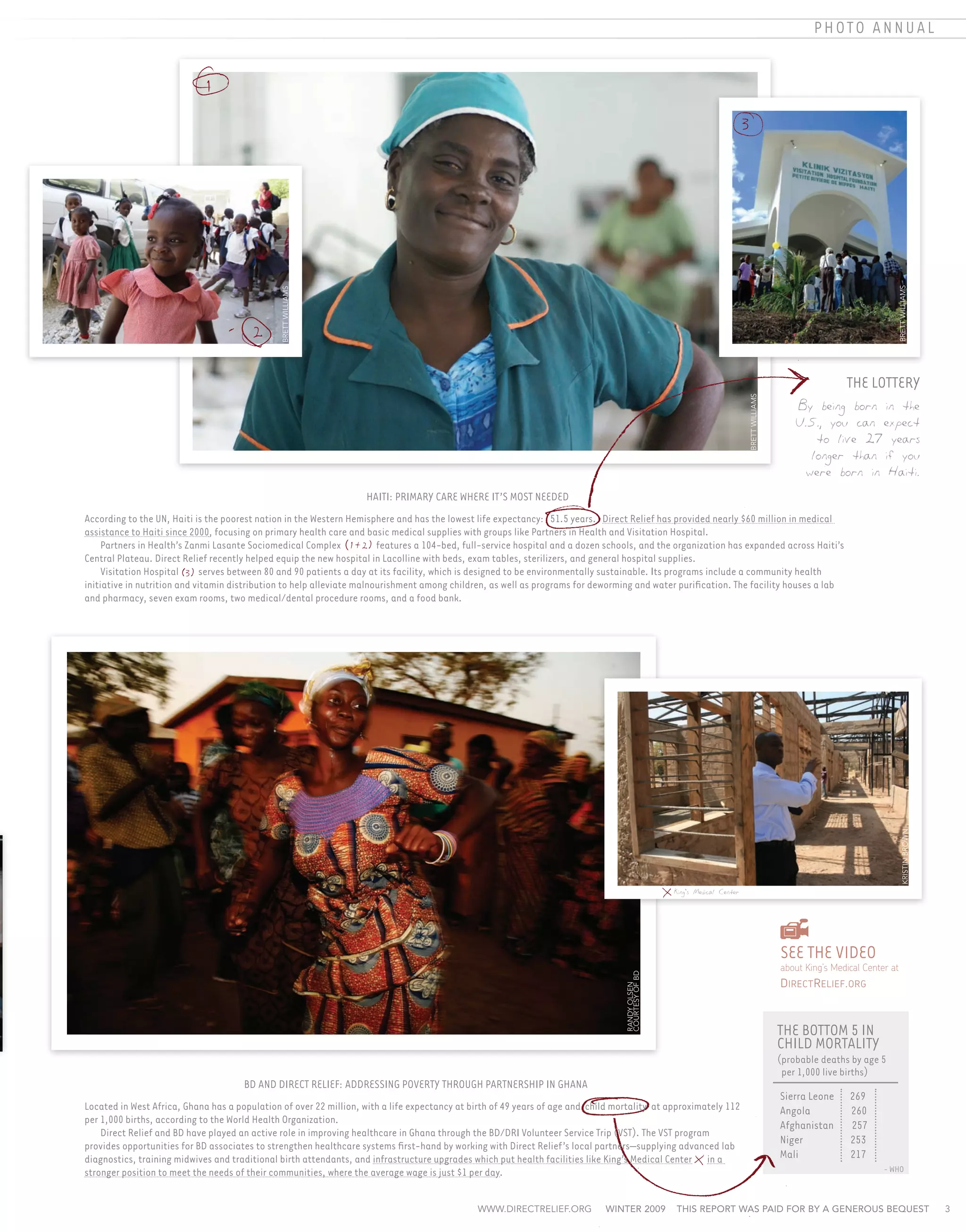 photo annual


                             1
                                                                                                                                                                           3




                                                                                                                                                                                                                             Brett Williams
                                               Brett Williams




                                        2

                                                                                                                                                                                                                The Lottery




                                                                                                                                                                               Brett Williams
                                                                                                                                                                                                    By being born in the
                                                                                                                                                                                                    U.S., you can expect
                                                                                                                                                                                                       to live 27 years
                                                                                                                                                                                                      longer than if you
                                                                                                                                                                                                     were born in Haiti.
                                                                   Haiti: Primary care where it’s most needed
According to the UN, Haiti is the poorest nation in the Western Hemisphere and has the lowest life expectancy: 51.5 years. Direct Relief has provided nearly $60 million in medical
assistance to Haiti since 2000, focusing on primary health care and basic medical supplies with groups like Partners in Health and Visitation Hospital.
	 Partners in Health’s Zanmi Lasante Sociomedical Complex ( 1 + 2) features a 104-bed, full-service hospital and a dozen schools, and the organization has expanded across Haiti’s
Central Plateau. Direct Relief recently helped equip the new hospital in Lacolline with beds, exam tables, sterilizers, and general hospital supplies.
	Visitation Hospital (3) serves between 80 and 90 patients a day at its facility, which is designed to be environmentally sustainable. Its programs include a community health
initiative in nutrition and vitamin distribution to help alleviate malnourishment among children, as well as programs for deworming and water purification. The facility houses a lab
and pharmacy, seven exam rooms, two medical/dental procedure rooms, and a food bank.




                                                                                                                                                                                                                                 kristin brown
                                                                                                                                                   King's Medical Center




                                                                                                                                                                                                see the video
                                                                                                                                                                                                about King’s Medical Center at
                                                                                                                                  courtesy of bd




                                                                                                                                                                                                D irect R elief . org
                                                                                                                                  randy olsen




                                                                                                                                                                                                The Bottom 5 in
                                                                                                                                                                                                Child Mortality
                                                                                                                                                                                                (probable deaths by age 5
                                                                                                                                                                                                  per 1,000 live births)
                                      BD and direct relief: Addressing Poverty Through Partnership in Ghana
                                                                                                                                                                                                Sierra Leone     269
Located in West Africa, Ghana has a population of over 22 million, with a life expectancy at birth of 49 years of age and child mortality at approximately 112                                  Angola           260
per 1,000 births, according to the World Health Organization.                                                                                                                                   Afghanistan      257
	Direct Relief and BD have played an active role in improving healthcare in Ghana through the BD/DRI Volunteer Service Trip (VST). The VST program
provides opportunities for BD associates to strengthen healthcare systems first-hand by working with Direct Relief’s local partners—supplying advanced lab
                                                                                                                                                                                                Niger            253
diagnostics, training midwives and traditional birth attendants, and infrastructure upgrades which put health facilities like King’s Medical Center in a                                        Mali             217
stronger position to meet the needs of their communities, where the average wage is just $1 per day.                                                                                                                      - who



                                                                                              www.directrelief.org           winter 2009           This report was paid for by a generous bequest                                                3
 