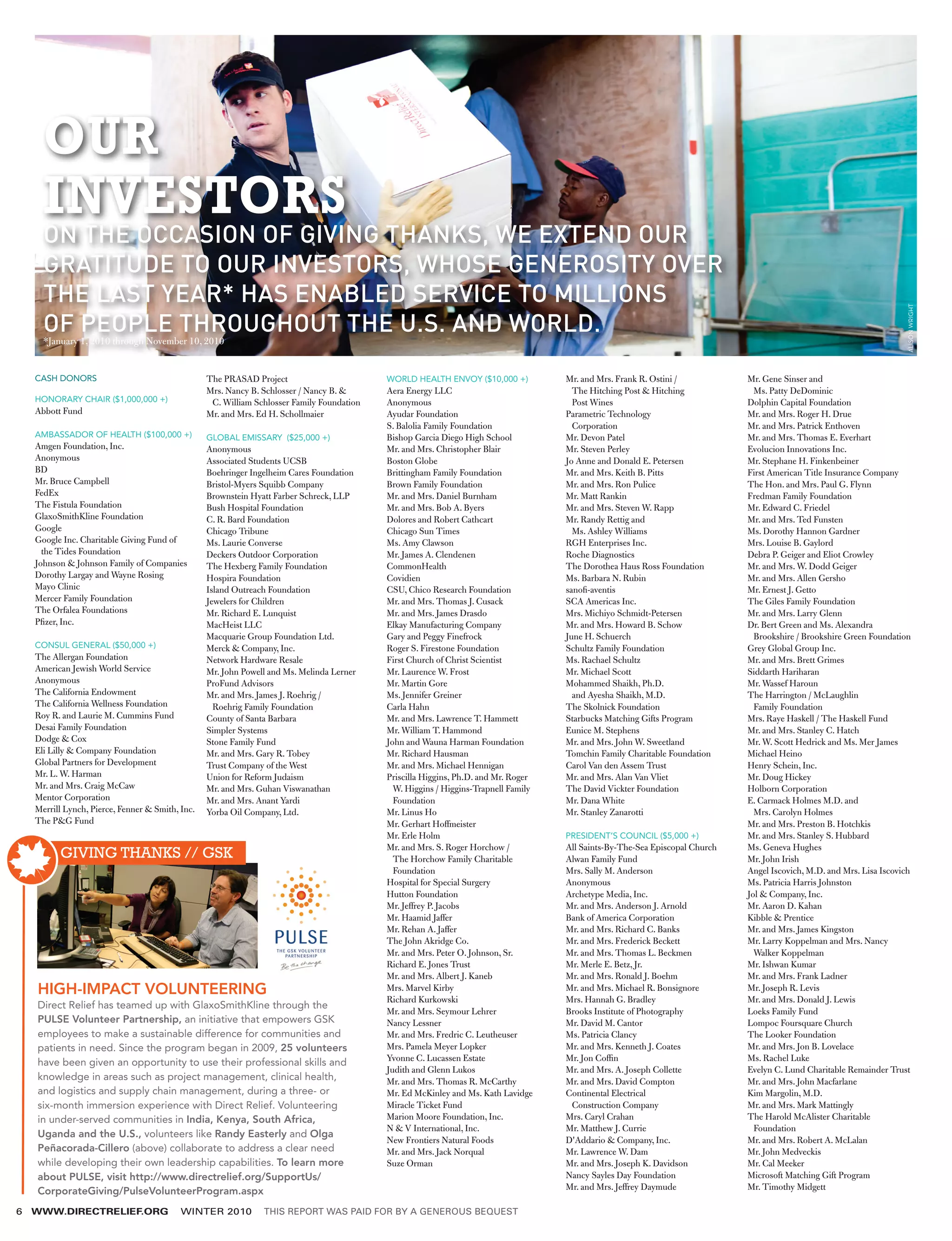 OUR
      INVESTORS
      ON THE OCCASION OF GIVING THANKS, WE EXTEND OUR
      GRATITUDE TO OUR INVESTORS, WHOSE GENEROSITY OVER
      THE LAST YEAR* HAS ENABLED SERVICE TO MILLIONS




                                                                                                                                                                                                                       ALISON WRIGHT
      OF PEOPLE THROUGHOUT THE U.S. AND WORLD.
      *January 1, 2010 through November 10, 2010


    CASH DONORS                                   The PRASAD Project                        WORLD HEALTH ENVOY ($10,000 +)           Mr. and Mrs. Frank R. Ostini /           Mr. Gene Sinser and
                                                  Mrs. Nancy B. Schlosser / Nancy B.       Aera Energy LLC                            The Hitching Post  Hitching             Ms. Patty DeDominic
    HONORARY CHAIR ($1,000,000 +)                  C. William Schlosser Family Foundation   Anonymous                                  Post Wines                             Dolphin Capital Foundation
    Abbott Fund                                   Mr. and Mrs. Ed H. Schollmaier            Ayudar Foundation                        Parametric Technology                    Mr. and Mrs. Roger H. Drue
                                                                                            S. Balolia Family Foundation               Corporation                            Mr. and Mrs. Patrick Enthoven
    AMBASSADOR OF HEALTH ($100,000 +)             GLOBAL EMISSARY  ($25,000 +)              Bishop Garcia Diego High School          Mr. Devon Patel                          Mr. and Mrs. Thomas E. Everhart
    Amgen Foundation, Inc.                        Anonymous                                 Mr. and Mrs. Christopher Blair           Mr. Steven Perley                        Evolucion Innovations Inc.
    Anonymous                                     Associated Students UCSB                  Boston Globe                             Jo Anne and Donald E. Petersen           Mr. Stephane H. Finkenbeiner
    BD                                            Boehringer Ingelheim Cares Foundation     Brittingham Family Foundation            Mr. and Mrs. Keith B. Pitts              First American Title Insurance Company
    Mr. Bruce Campbell                            Bristol-Myers Squibb Company              Brown Family Foundation                  Mr. and Mrs. Ron Pulice                  The Hon. and Mrs. Paul G. Flynn
    FedEx                                         Brownstein Hyatt Farber Schreck, LLP      Mr. and Mrs. Daniel Burnham              Mr. Matt Rankin                          Fredman Family Foundation
    The Fistula Foundation                        Bush Hospital Foundation                  Mr. and Mrs. Bob A. Byers                Mr. and Mrs. Steven W. Rapp              Mr. Edward C. Friedel
    GlaxoSmithKline Foundation                    C. R. Bard Foundation                     Dolores and Robert Cathcart              Mr. Randy Rettig and                     Mr. and Mrs. Ted Funsten
    Google                                        Chicago Tribune                           Chicago Sun Times                          Ms. Ashley Williams                    Ms. Dorothy Hannon Gardner
    Google Inc. Charitable Giving Fund of         Ms. Laurie Converse                       Ms. Amy Clawson                          RGH Enterprises Inc.                     Mrs. Louise B. Gaylord
      the Tides Foundation                        Deckers Outdoor Corporation               Mr. James A. Clendenen                   Roche Diagnostics                        Debra P. Geiger and Eliot Crowley
    Johnson  Johnson Family of Companies         The Hexberg Family Foundation             CommonHealth                             The Dorothea Haus Ross Foundation        Mr. and Mrs. W. Dodd Geiger
    Dorothy Largay and Wayne Rosing               Hospira Foundation                        Covidien                                 Ms. Barbara N. Rubin                     Mr. and Mrs. Allen Gersho
    Mayo Clinic                                   Island Outreach Foundation                CSU, Chico Research Foundation           sanofi-aventis                           Mr. Ernest J. Getto
    Mercer Family Foundation                      Jewelers for Children                     Mr. and Mrs. Thomas J. Cusack            SCA Americas Inc.                        The Giles Family Foundation
    The Orfalea Foundations                       Mr. Richard E. Lunquist                   Mr. and Mrs. James Drasdo                Mrs. Michiyo Schmidt-Petersen            Mr. and Mrs. Larry Glenn
    Pfizer, Inc.                                  MacHeist LLC                              Elkay Manufacturing Company              Mr. and Mrs. Howard B. Schow             Dr. Bert Green and Ms. Alexandra
                                                  Macquarie Group Foundation Ltd.           Gary and Peggy Finefrock                 June H. Schuerch                           Brookshire / Brookshire Green Foundation
    CONSUL GENERAL ($50,000 +)                    Merck  Company, Inc.                     Roger S. Firestone Foundation            Schultz Family Foundation                Grey Global Group Inc.
    The Allergan Foundation                       Network Hardware Resale                   First Church of Christ Scientist         Ms. Rachael Schultz                      Mr. and Mrs. Brett Grimes
    American Jewish World Service                 Mr. John Powell and Ms. Melinda Lerner    Mr. Laurence W. Frost                    Mr. Michael Scott                        Siddarth Hariharan
    Anonymous                                     ProFund Advisors                          Mr. Martin Gore                          Mohammed Shaikh, Ph.D.                   Mr. Wassef Haroun
    The California Endowment                      Mr. and Mrs. James J. Roehrig /           Ms. Jennifer Greiner                       and Ayesha Shaikh, M.D.                The Harrington / McLaughlin
    The California Wellness Foundation              Roehrig Family Foundation               Carla Hahn                               The Skolnick Foundation                    Family Foundation
    Roy R. and Laurie M. Cummins Fund             County of Santa Barbara                   Mr. and Mrs. Lawrence T. Hammett         Starbucks Matching Gifts Program         Mrs. Raye Haskell / The Haskell Fund
    Desai Family Foundation                       Simpler Systems                           Mr. William T. Hammond                   Eunice M. Stephens                       Mr. and Mrs. Stanley C. Hatch
    Dodge  Cox                                   Stone Family Fund                         John and Wauna Harman Foundation         Mr. and Mrs. John W. Sweetland           Mr. W. Scott Hedrick and Ms. Mer James
    Eli Lilly  Company Foundation                Mr. and Mrs. Gary R. Tobey                Mr. Richard Hausman                      Tomchin Family Charitable Foundation     Michael Heino
    Global Partners for Development               Trust Company of the West                 Mr. and Mrs. Michael Hennigan            Carol Van den Assem Trust                Henry Schein, Inc.
    Mr. L. W. Harman                              Union for Reform Judaism                  Priscilla Higgins, Ph.D. and Mr. Roger   Mr. and Mrs. Alan Van Vliet              Mr. Doug Hickey
    Mr. and Mrs. Craig McCaw                      Mr. and Mrs. Guhan Viswanathan              W. Higgins / Higgins-Trapnell Family   The David Vickter Foundation             Holborn Corporation
    Mentor Corporation                            Mr. and Mrs. Anant Yardi                    Foundation                             Mr. Dana White                           E. Carmack Holmes M.D. and
    Merrill Lynch, Pierce, Fenner  Smith, Inc.   Yorba Oil Company, Ltd.                   Mr. Linus Ho                             Mr. Stanley Zanarotti                      Mrs. Carolyn Holmes
    The PG Fund                                                                            Mr. Gerhart Hoffmeister                                                           Mr. and Mrs. Preston B. Hotchkis
                                                                                            Mr. Erle Holm                            PRESIDENT’S COUNCIL ($5,000 +)           Mr. and Mrs. Stanley S. Hubbard
                                                                                            Mr. and Mrs. S. Roger Horchow /          All Saints-By-The-Sea Episcopal Church   Ms. Geneva Hughes
          GIVING THANKS // GSK                                                                The Horchow Family Charitable          Alwan Family Fund                        Mr. John Irish
                                                                                              Foundation                             Mrs. Sally M. Anderson                   Angel Iscovich, M.D. and Mrs. Lisa Iscovich
                                                                                            Hospital for Special Surgery             Anonymous                                Ms. Patricia Harris Johnston
                                                                                            Hutton Foundation                        Archetype Media, Inc.                    Jol  Company, Inc.
                                                                                            Mr. Jeffrey P. Jacobs                    Mr. and Mrs. Anderson J. Arnold          Mr. Aaron D. Kahan
                                                                                            Mr. Haamid Jaffer                        Bank of America Corporation              Kibble  Prentice
                                                                                            Mr. Rehan A. Jaffer                      Mr. and Mrs. Richard C. Banks            Mr. and Mrs. James Kingston
                                                                                            The John Akridge Co.                     Mr. and Mrs. Frederick Beckett           Mr. Larry Koppelman and Mrs. Nancy
                                                                                            Mr. and Mrs. Peter O. Johnson, Sr.       Mr. and Mrs. Thomas L. Beckmen             Walker Koppelman
                                                                                            Richard E. Jones Trust                   Mr. Merle E. Betz, Jr.                   Mr. Ishwan Kumar
                                                                                            Mr. and Mrs. Albert J. Kaneb             Mr. and Mrs. Ronald J. Boehm             Mr. and Mrs. Frank Ladner
    HIGH-IMPACT VOLUNTEERING                                                                Mrs. Marvel Kirby                        Mr. and Mrs. Michael R. Bonsignore       Mr. Joseph R. Levis
                                                                                            Richard Kurkowski                        Mrs. Hannah G. Bradley                   Mr. and Mrs. Donald J. Lewis
    Direct Relief has teamed up with GlaxoSmithKline through the
                                                                                            Mr. and Mrs. Seymour Lehrer              Brooks Institute of Photography          Loeks Family Fund
    PULSE Volunteer Partnership, an initiative that empowers GSK                            Nancy Lessner                            Mr. David M. Cantor                      Lompoc Foursquare Church
    employees to make a sustainable difference for communities and                          Mr. and Mrs. Fredric C. Leutheuser       Ms. Patricia Clancy                      The Looker Foundation
    patients in need. Since the program began in 2009, 25 volunteers                        Mrs. Pamela Meyer Lopker                 Mr. and Mrs. Kenneth J. Coates           Mr. and Mrs. Jon B. Lovelace
    have been given an opportunity to use their professional skills and                     Yvonne C. Lucassen Estate                Mr. Jon Coffin                           Ms. Rachel Luke
                                                                                            Judith and Glenn Lukos                   Mr. and Mrs. A. Joseph Collette          Evelyn C. Lund Charitable Remainder Trust
    knowledge in areas such as project management, clinical health,                         Mr. and Mrs. Thomas R. McCarthy          Mr. and Mrs. David Compton               Mr. and Mrs. John Macfarlane
    and logistics and supply chain management, during a three- or ­                         Mr. Ed McKinley and Ms. Kath Lavidge     Continental Electrical                   Kim Margolin, M.D.
    six-month immersion experience with Direct Relief. Volunteering ­                       Miracle Ticket Fund                       Construction Company                    Mr. and Mrs. Mark Mattingly
    in under-served communities in India, Kenya, South Africa,                              Marion Moore Foundation, Inc.            Mrs. Caryl Crahan                        The Harold McAlister Charitable
                                                                                            N  V International, Inc.                Mr. Matthew J. Currie                      Foundation
    Uganda and the U.S., volunteers like Randy Easterly and Olga
                                                                                            New Frontiers Natural Foods              D'Addario  Company, Inc.                Mr. and Mrs. Robert A. McLalan
    Peñacorada-Cillero (above) collaborate to address a clear need                          Mr. and Mrs. Jack Norqual                Mr. Lawrence W. Dam                      Mr. John Medveckis
    while developing their own leadership capabilities. To learn more                       Suze Orman                               Mr. and Mrs. Joseph K. Davidson          Mr. Cal Meeker
    about PULSE, visit http://www.directrelief.org/SupportUs/                                                                        Nancy Sayles Day Foundation              Microsoft Matching Gift Program
    CorporateGiving/PulseVolunteerProgram.aspx                                                                                       Mr. and Mrs. Jeffrey Daymude             Mr. Timothy Midgett

6   WWW.DIRECTRELIEF.ORG                   WINTER 2010          THIS REPORT WAS PAID FOR BY A GENEROUS BEQUEST
 