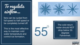 The cold return
water should NOT
drop below 55
degrees
Fahrenheit.55
fans can be cycled from
full speed to half speed or
be completely turned off.
This is the most effective
way to maintain cold
water temperature and
control ice formation.
To regulate
airflow…
 