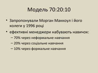 Модель 70:20:10
• Запропонували Морган Маккоул і його
колеги у 1996 році
• ефективні менеджери набувають навичок:
– 70% через неформальне навчання
– 20% через соціальне навчання
– 10% через формальне навчання
 