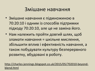 Змішане навчання
• Змішане навчання є підмножиною в
70:20:10 і одним із способів підтримки
підходу 70:20:10, але це не заміна його.
• Нам належить пройти довгий шлях, щоб
зламати навчання = шкільне мислення,
збільшити вплив і ефективність навчання, а
також побудувати культуру безперервного
розвитку, вбудовані в роботу.
http://charles-jennings.blogspot.co.uk/2015/05/702010-beyond-
blend.html
 