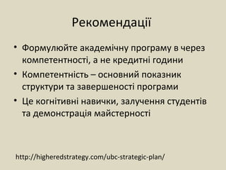 Рекомендації
• Формулюйте академічну програму в через
компетентності, а не кредитні години
• Компетентність – основний показник
структури та завершеності програми
• Це когнітивні навички, залучення студентів
та демонстрація майстерності
http://higheredstrategy.com/ubc-strategic-plan/
 
