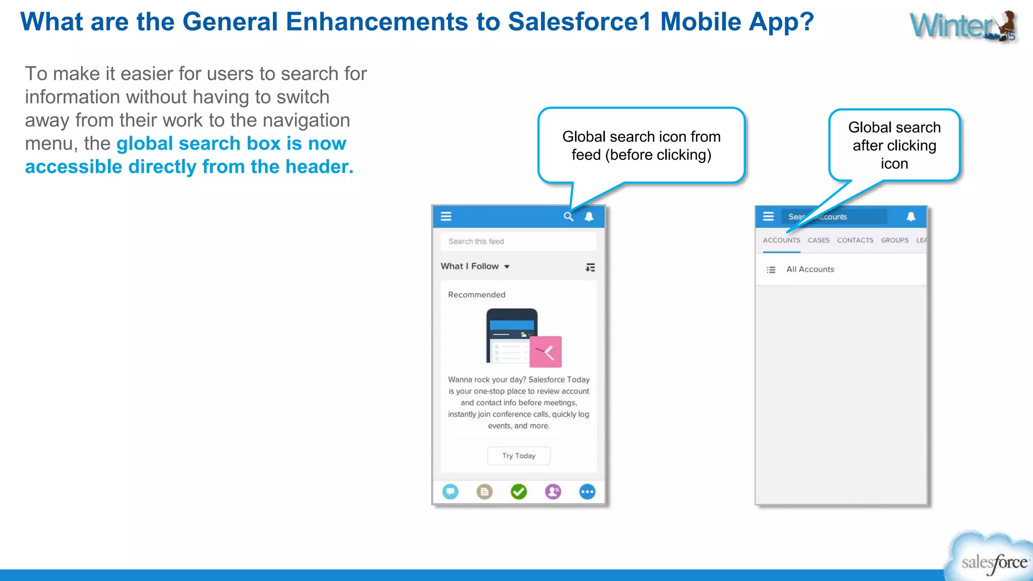 What are the General Enhancements to Salesforce1 Mobile App? 
To make it easier for users to search for 
information without having to switch 
away from their work to the navigation 
menu, the global search box is now 
accessible directly from the header. 
Global search icon from 
feed (before clicking) 
Global search 
after clicking 
icon 
 