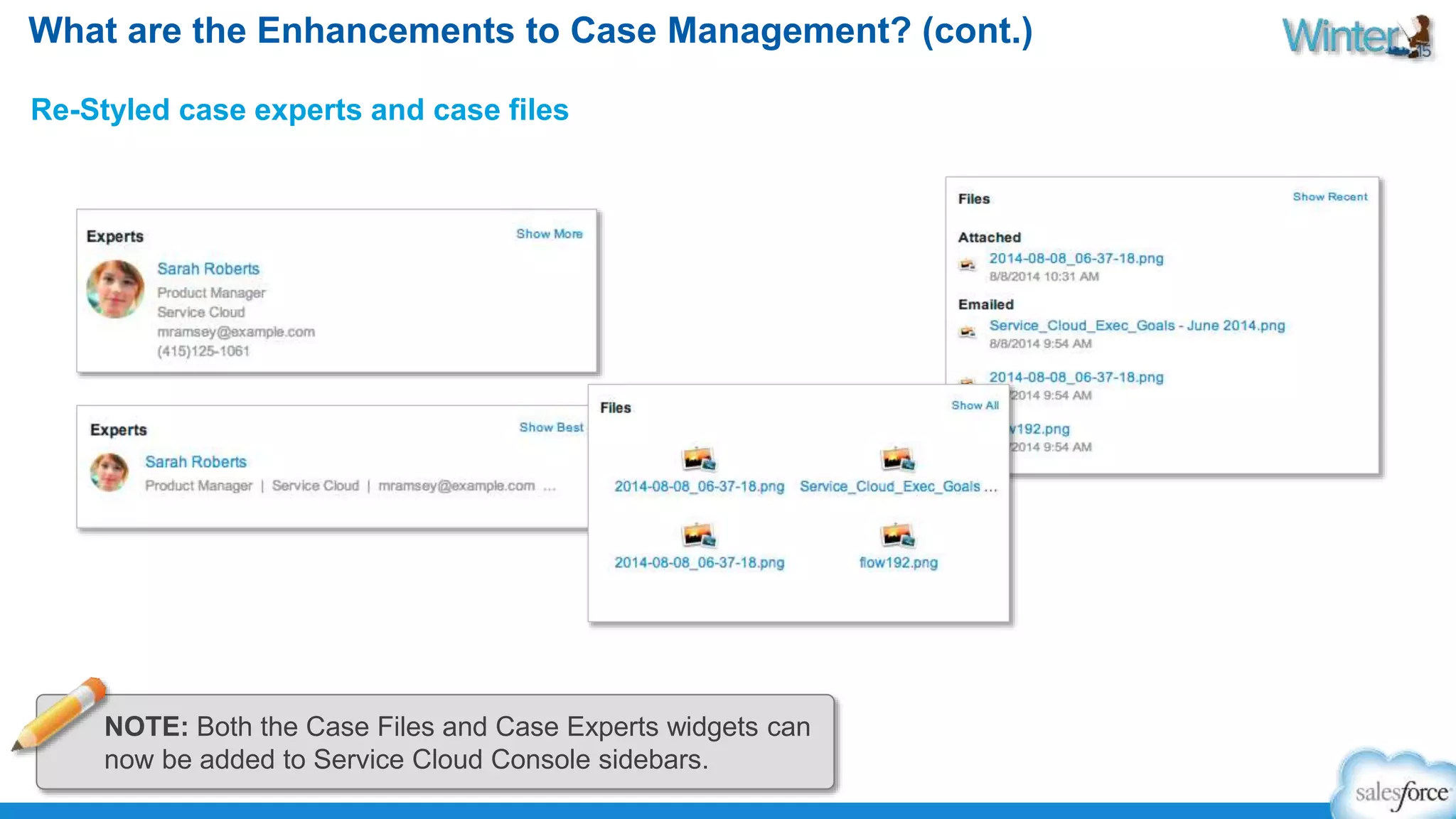 What are the Enhancements to Case Management? (cont.) 
Re-Styled case experts and case files 
NOTE: Both the Case Files and Case Experts widgets can 
now be added to Service Cloud Console sidebars. 
 