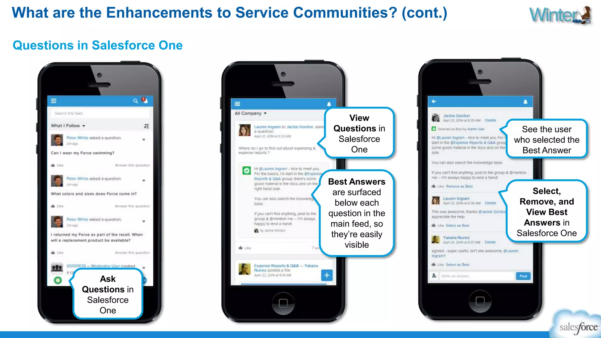 What are the Enhancements to Service Communities? (cont.) 
Questions in Salesforce One 
View 
Questions in 
Salesforce 
One 
Best Answers 
are surfaced 
below each 
question in the 
main feed, so 
they’re easily 
visible 
See the user 
who selected the 
Best Answer 
Select, 
Remove, and 
View Best 
Answers in 
Salesforce One 
Ask 
Questions in 
Salesforce 
One 
 