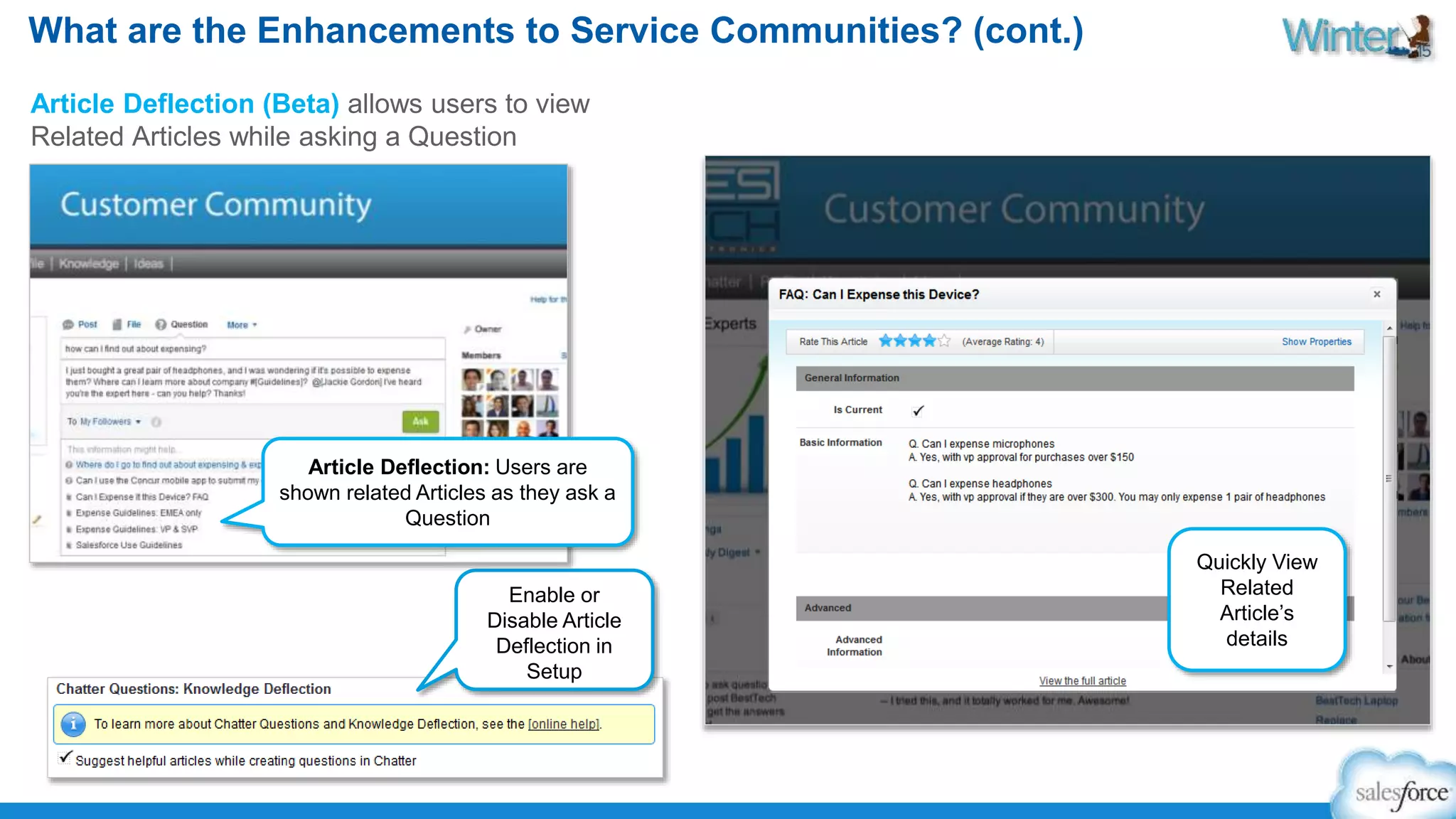 What are the Enhancements to Service Communities? (cont.) 
Article Deflection (Beta) allows users to view 
Related Articles while asking a Question 
Quickly View 
Related 
Article’s 
details 
Article Deflection: Users are 
shown related Articles as they ask a 
Enable or 
Disable Article 
Deflection in 
Setup 
Question 
 