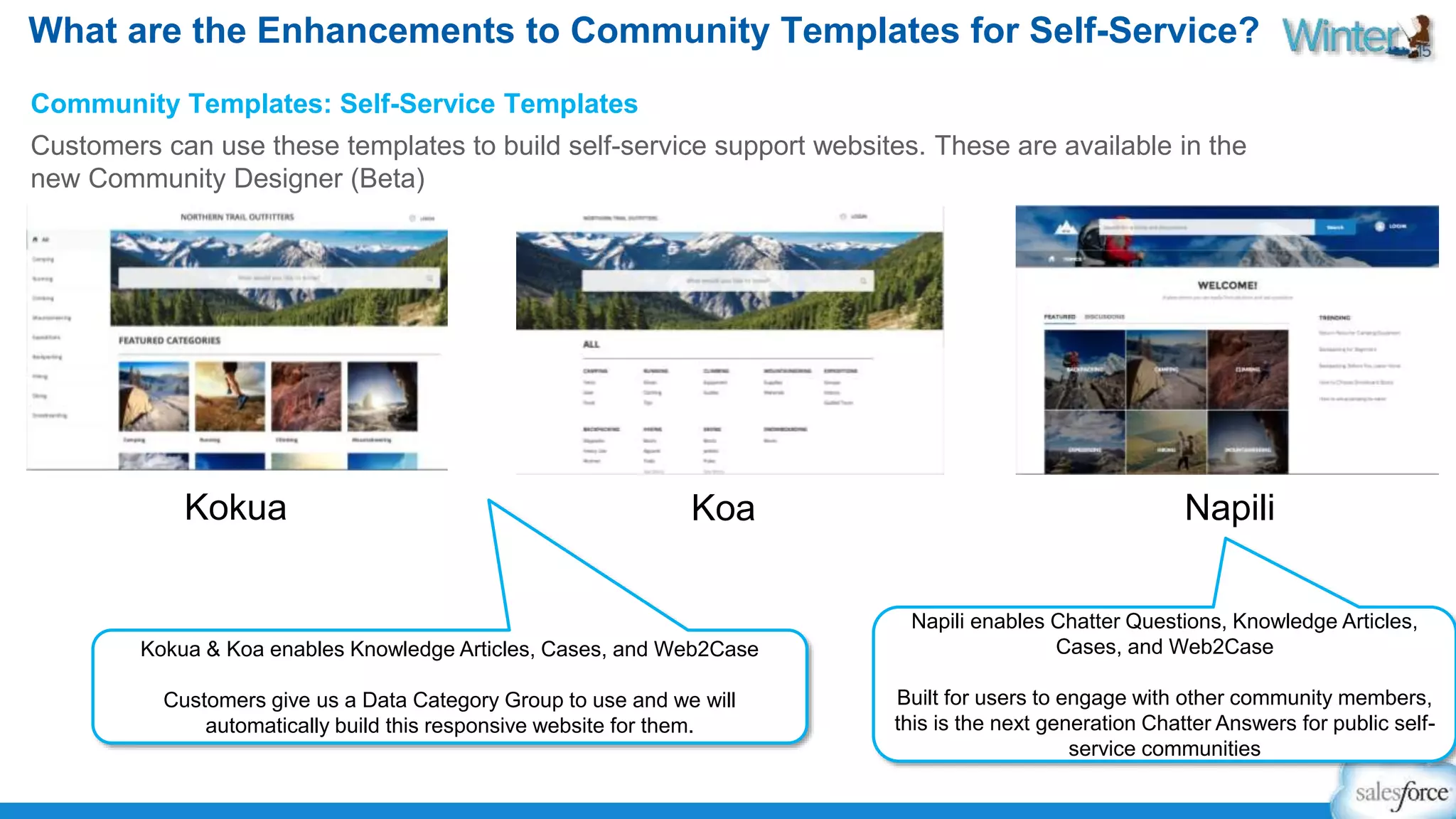 What are the Enhancements to Community Templates for Self-Service? 
Community Templates: Self-Service Templates 
Customers can use these templates to build self-service support websites. These are available in the 
new Community Designer (Beta) 
Kokua Koa Napili 
Kokua & Koa enables Knowledge Articles, Cases, and Web2Case 
Customers give us a Data Category Group to use and we will 
automatically build this responsive website for them. 
Napili enables Chatter Questions, Knowledge Articles, 
Cases, and Web2Case 
Built for users to engage with other community members, 
this is the next generation Chatter Answers for public self-service 
communities 
 