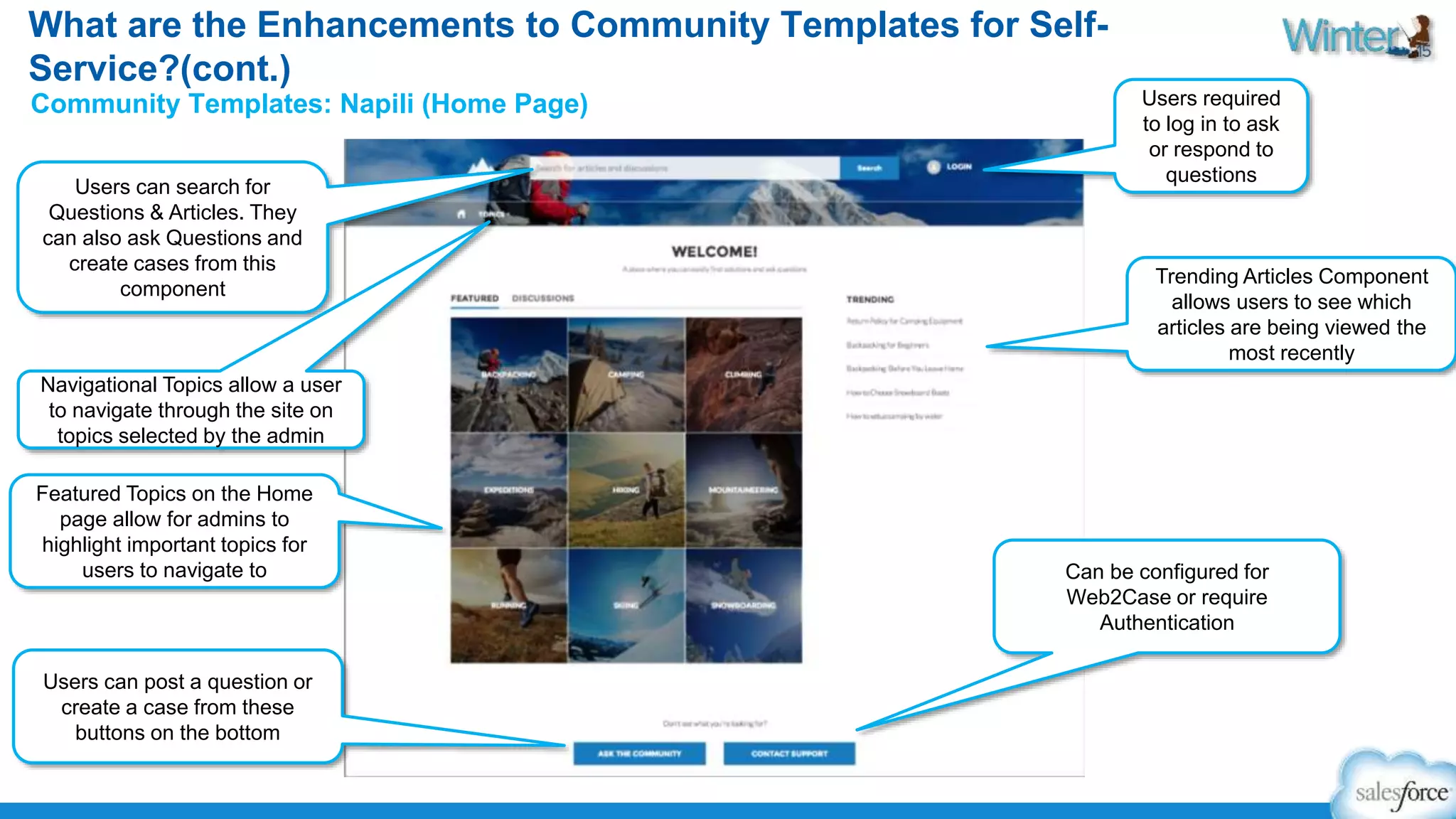 What are the Enhancements to Community Templates for Self- 
Service?(cont.) 
Community Templates: Napili (Home Page) 
Users can search for 
Questions & Articles. They 
can also ask Questions and 
create cases from this 
component 
Featured Topics on the Home 
page allow for admins to 
highlight important topics for 
users to navigate to 
Users can post a question or 
create a case from these 
buttons on the bottom 
Users required 
to log in to ask 
or respond to 
questions 
Trending Articles Component 
allows users to see which 
articles are being viewed the 
most recently 
Navigational Topics allow a user 
to navigate through the site on 
topics selected by the admin 
Can be configured for 
Web2Case or require 
Authentication 
 