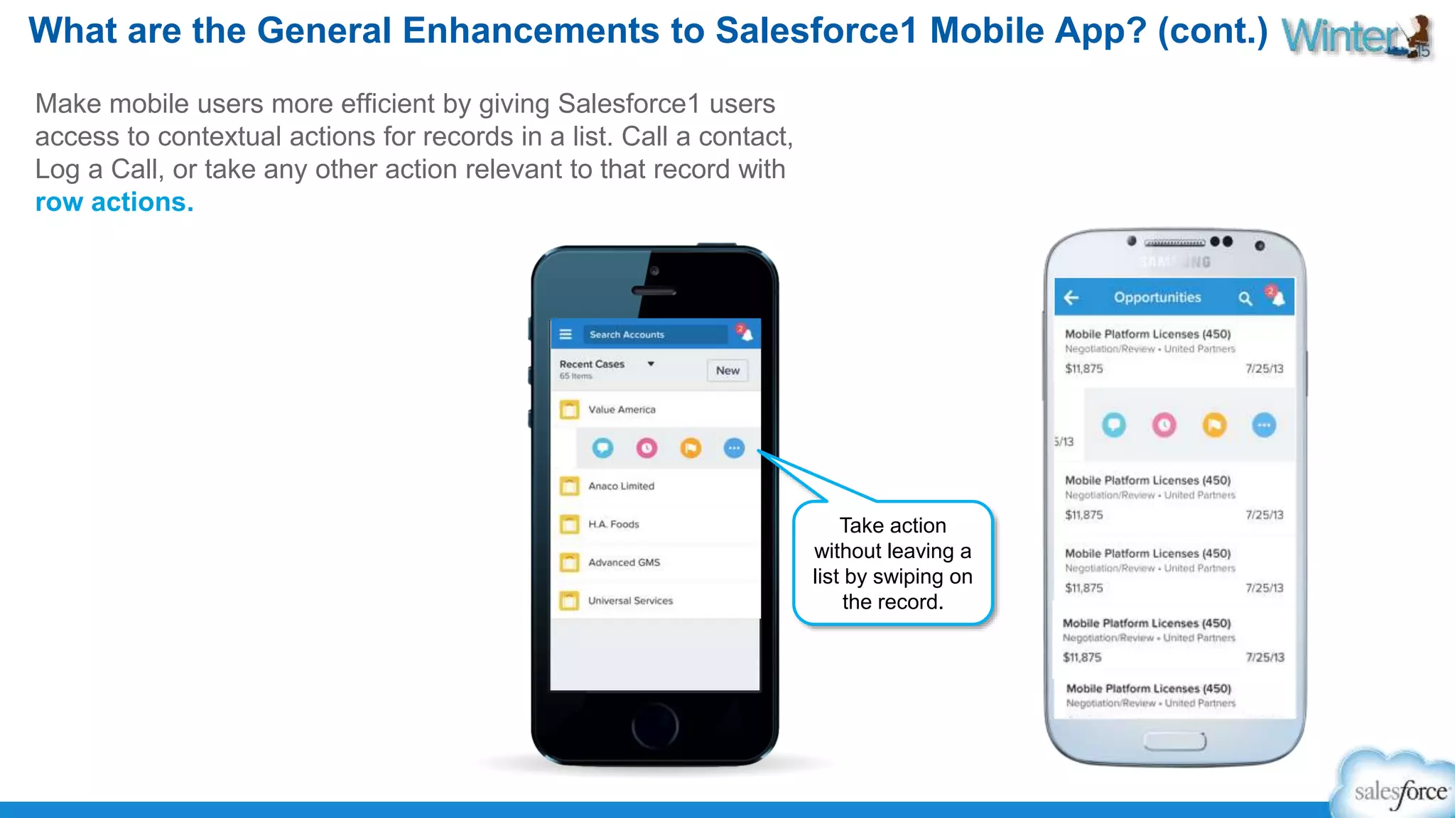 What are the General Enhancements to Salesforce1 Mobile App? (cont.) 
Make mobile users more efficient by giving Salesforce1 users 
access to contextual actions for records in a list. Call a contact, 
Log a Call, or take any other action relevant to that record with 
row actions. 
Take action 
without leaving a 
list by swiping on 
the record. 
 