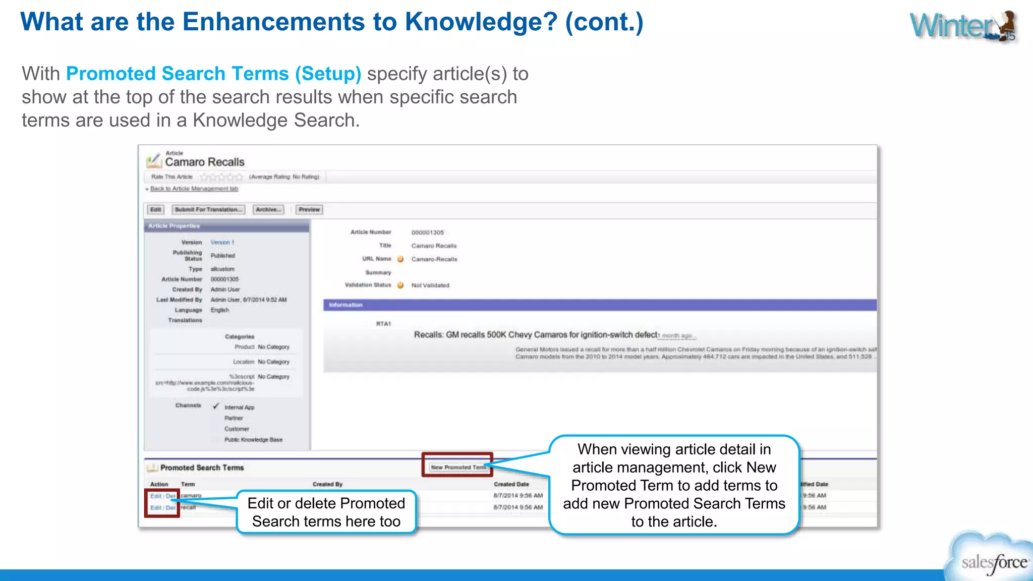 What are the Enhancements to Knowledge? (cont.) 
With Promoted Search Terms (Setup) specify article(s) to 
show at the top of the search results when specific search 
terms are used in a Knowledge Search. 
When viewing article detail in 
article management, click New 
Promoted Term to add terms to 
add new Promoted Search Terms 
to the article. 
Edit or delete Promoted 
Search terms here too 
 
