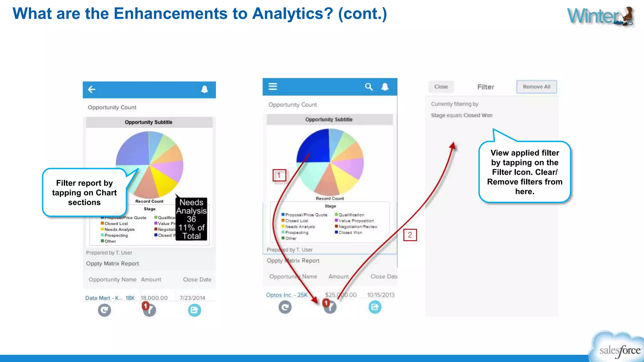 What are the Enhancements to Analytics? (cont.) 
Filter report by 
tapping on Chart 
sections 
View applied filter 
by tapping on the 
Filter Icon. Clear/ 
Remove filters from 
here. 
 