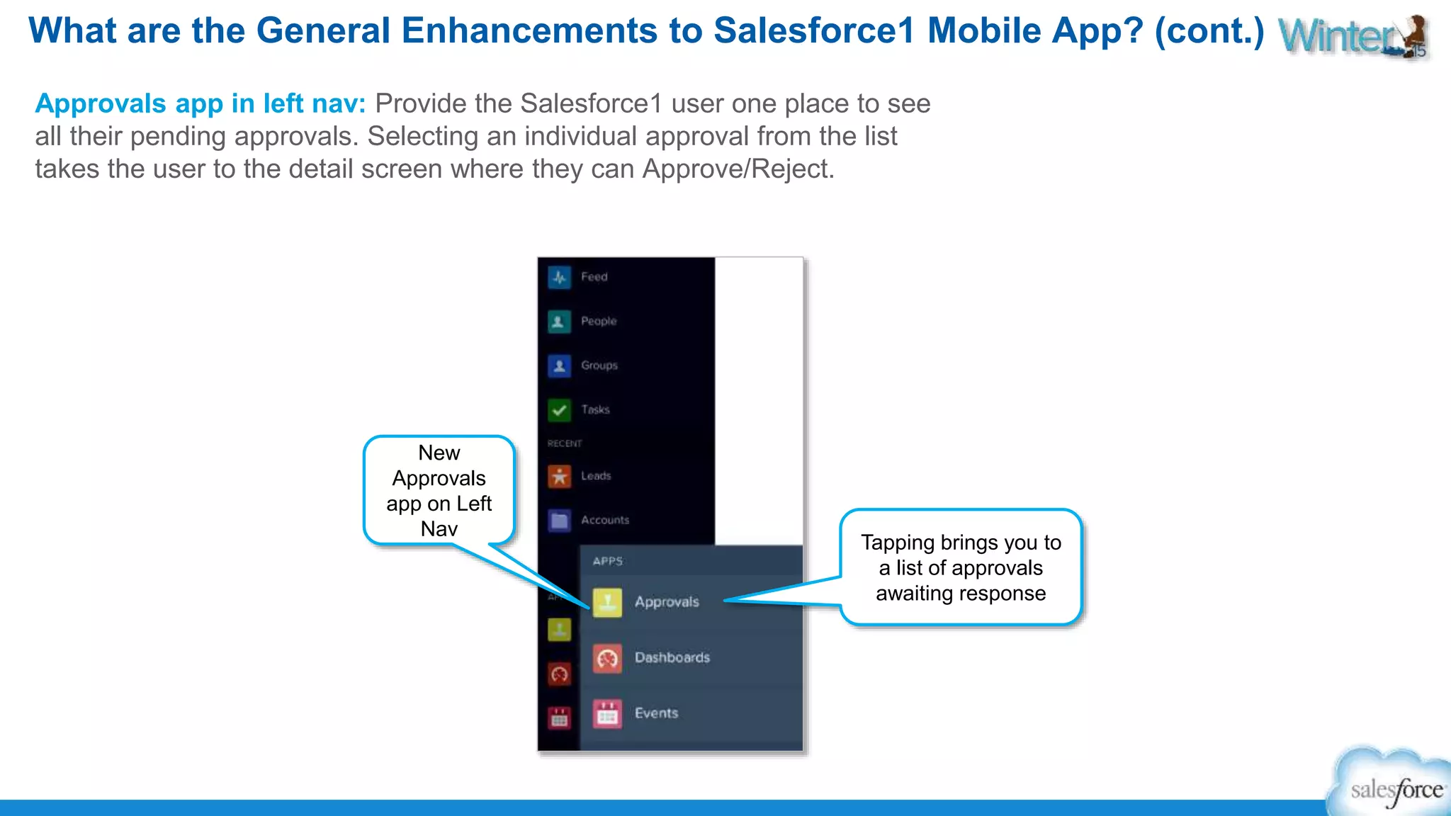 What are the General Enhancements to Salesforce1 Mobile App? (cont.) 
Approvals app in left nav: Provide the Salesforce1 user one place to see 
all their pending approvals. Selecting an individual approval from the list 
takes the user to the detail screen where they can Approve/Reject. 
New 
Approvals 
app on Left 
Nav 
Tapping brings you to 
a list of approvals 
awaiting response 
 