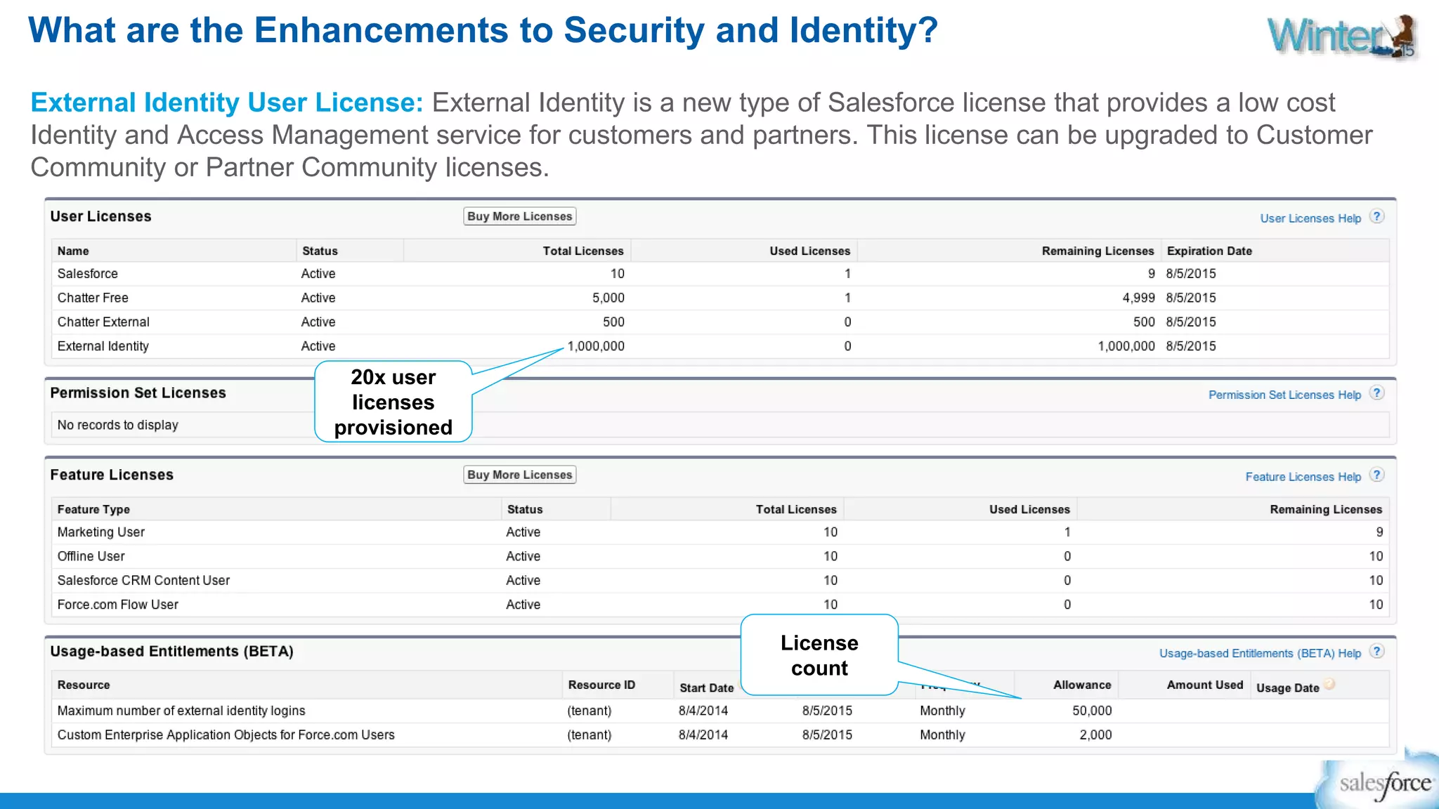 What are the Enhancements to Security and Identity? 
External Identity User License: External Identity is a new type of Salesforce license that provides a low cost 
Identity and Access Management service for customers and partners. This license can be upgraded to Customer 
Community or Partner Community licenses. 
20x user 
licenses 
provisioned 
License 
count 
 