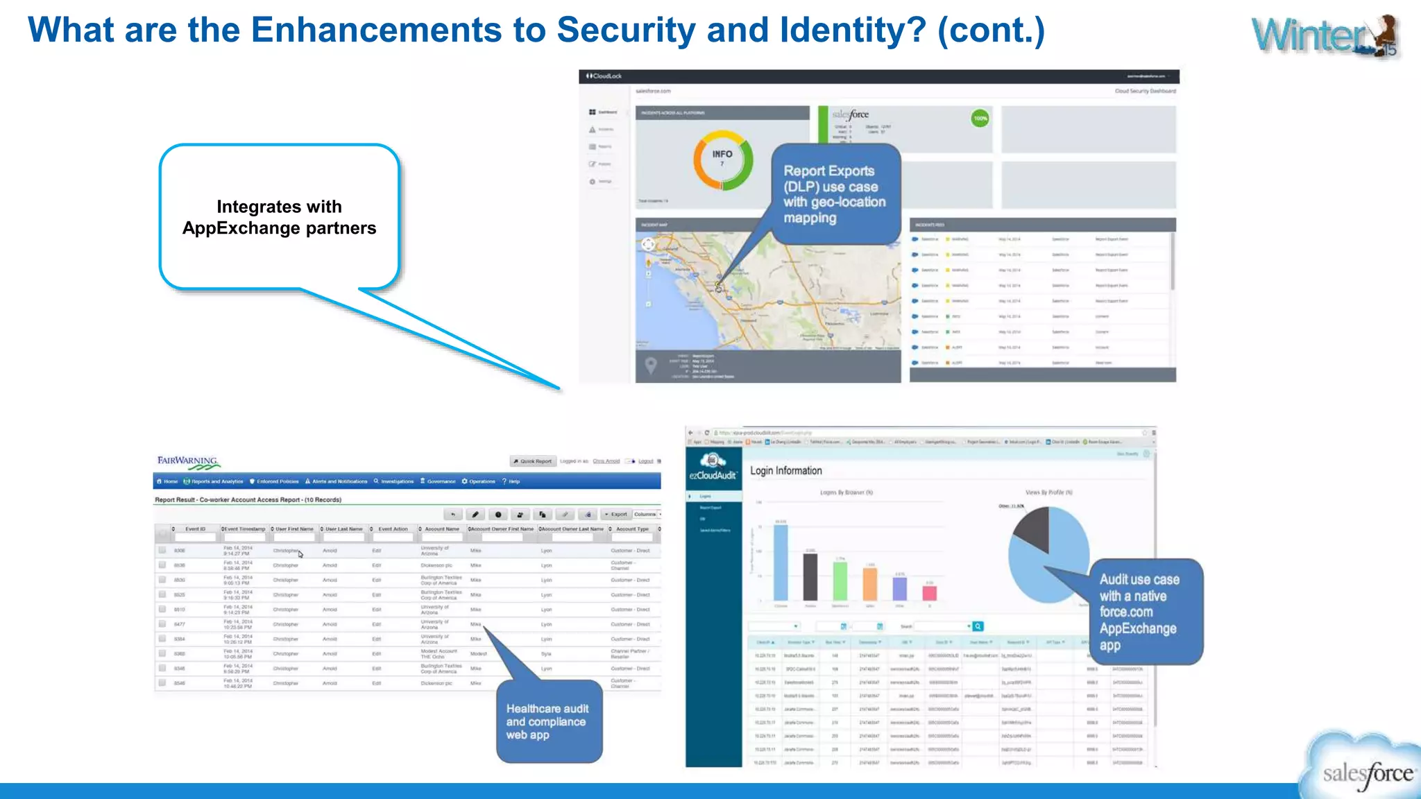 What are the Enhancements to Security and Identity? (cont.) 
Integrates with 
AppExchange partners 
 