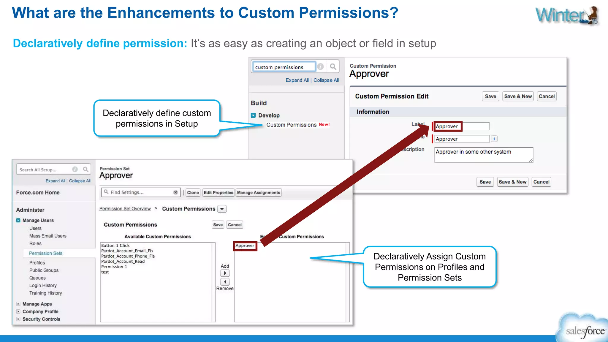 What are the Enhancements to Custom Permissions? 
Declaratively define permission: It’s as easy as creating an object or field in setup 
Declaratively Assign Custom 
Permissions on Profiles and 
Permission Sets 
Declaratively define custom 
permissions in Setup 
 