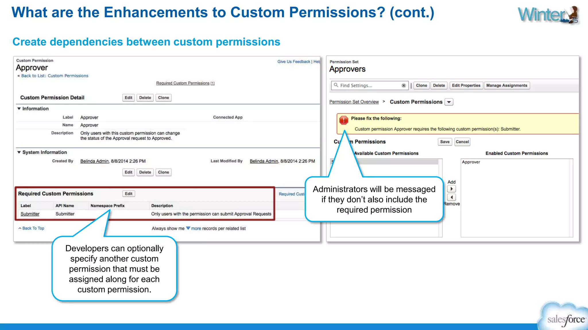 What are the Enhancements to Custom Permissions? (cont.) 
Create dependencies between custom permissions 
Developers can optionally 
specify another custom 
permission that must be 
assigned along for each 
custom permission. 
Administrators will be messaged 
if they don’t also include the 
required permission 
 