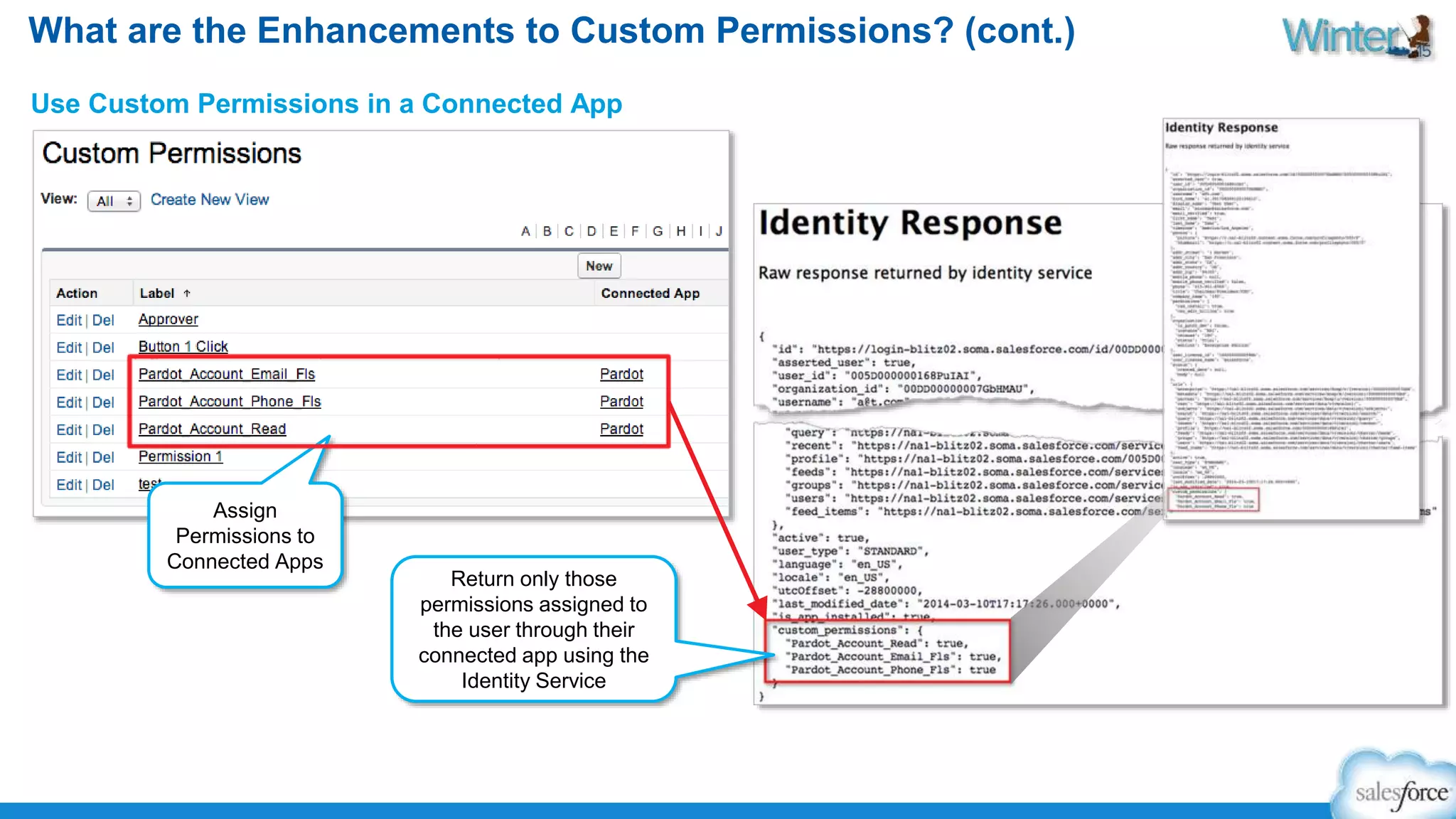 What are the Enhancements to Custom Permissions? (cont.) 
Use Custom Permissions in a Connected App 
Assign 
Permissions to 
Connected Apps 
Return only those 
permissions assigned to 
the user through their 
connected app using the 
Identity Service 
 