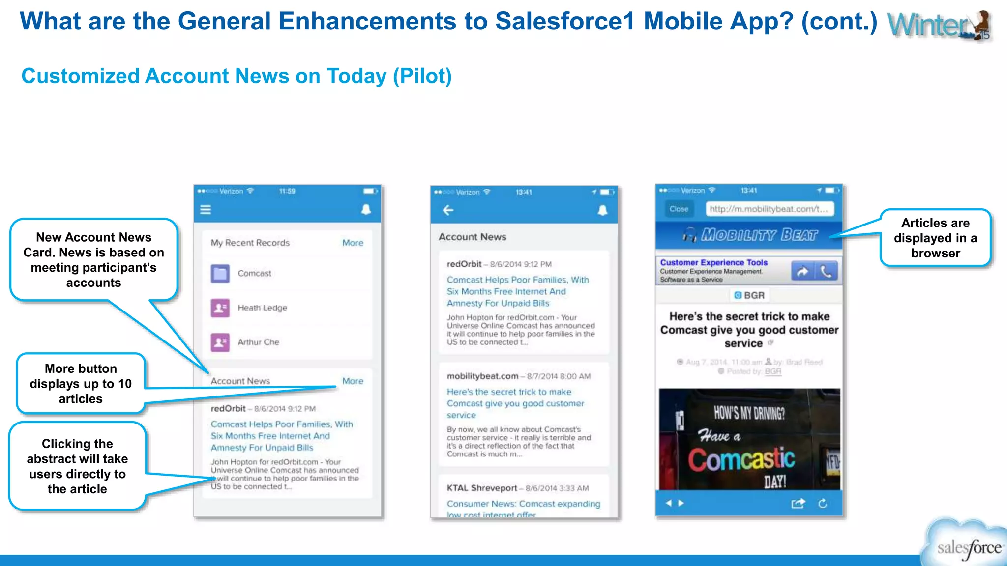 What are the General Enhancements to Salesforce1 Mobile App? (cont.) 
Customized Account News on Today (Pilot) 
Articles are 
displayed in a 
browser 
New Account News 
Card. News is based on 
meeting participant’s 
accounts 
More button 
displays up to 10 
articles 
Clicking the 
abstract will take 
users directly to 
the article 
 