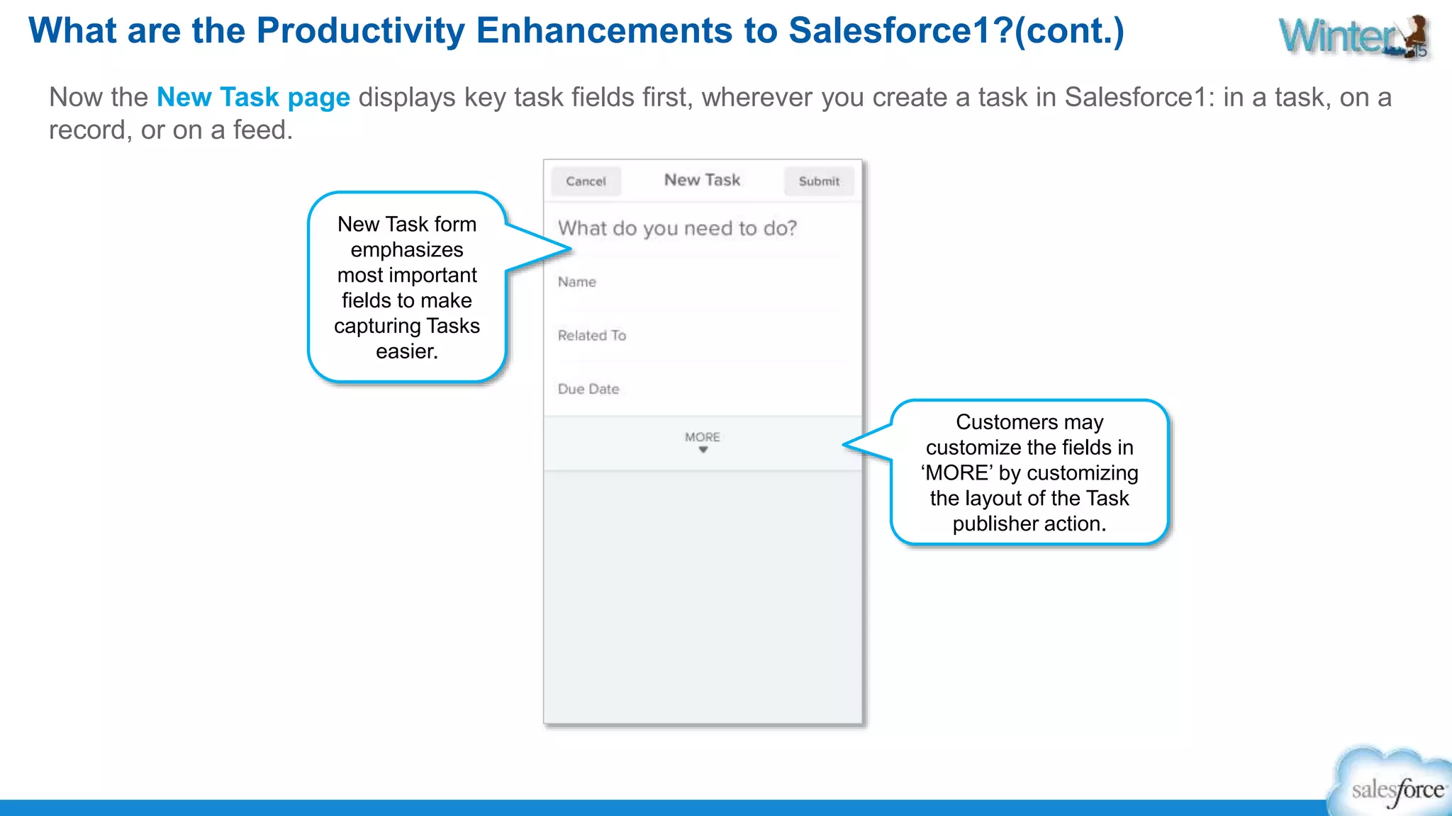 What are the Productivity Enhancements to Salesforce1?(cont.) 
Now the New Task page displays key task fields first, wherever you create a task in Salesforce1: in a task, on a 
record, or on a feed. 
Customers may 
customize the fields in 
‘MORE’ by customizing 
the layout of the Task 
publisher action. 
New Task form 
emphasizes 
most important 
fields to make 
capturing Tasks 
easier. 
 