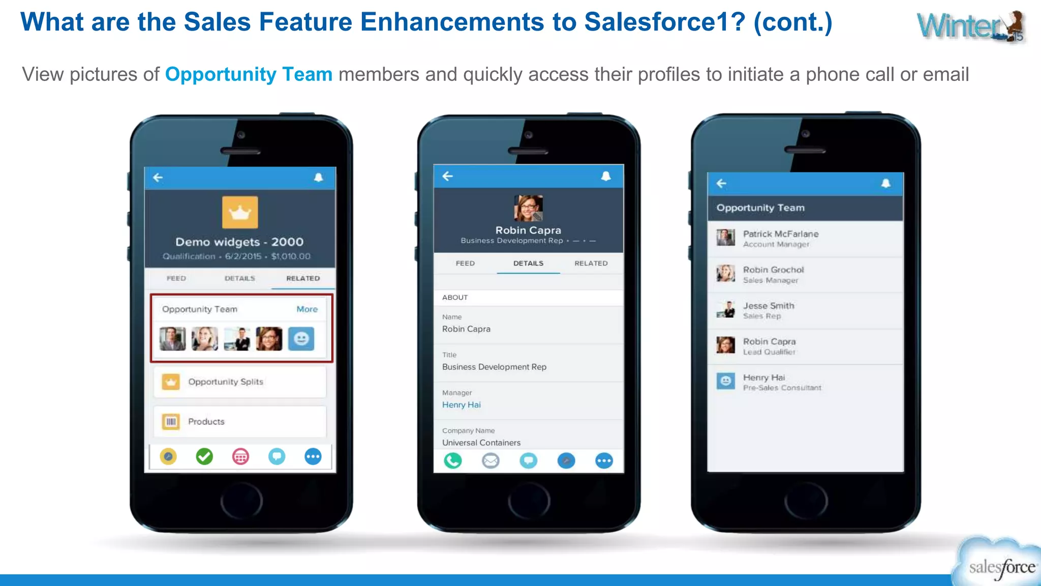 What are the Sales Feature Enhancements to Salesforce1? (cont.) 
View pictures of Opportunity Team members and quickly access their profiles to initiate a phone call or email 
 