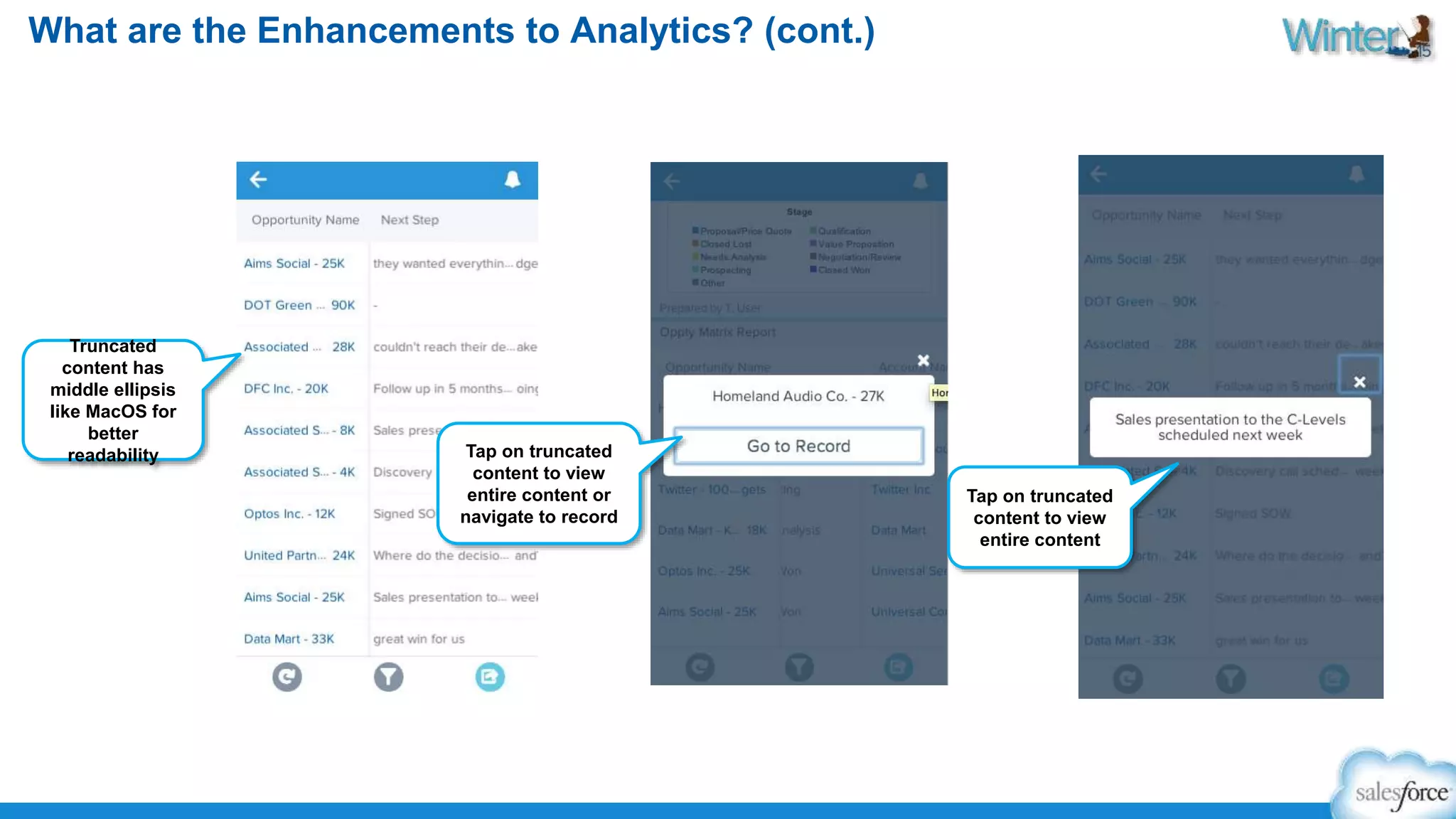 What are the Enhancements to Analytics? (cont.) 
Truncated 
content has 
middle ellipsis 
like MacOS for 
better 
readability Tap on truncated 
content to view 
entire content or 
navigate to record 
Tap on truncated 
content to view 
entire content 
 