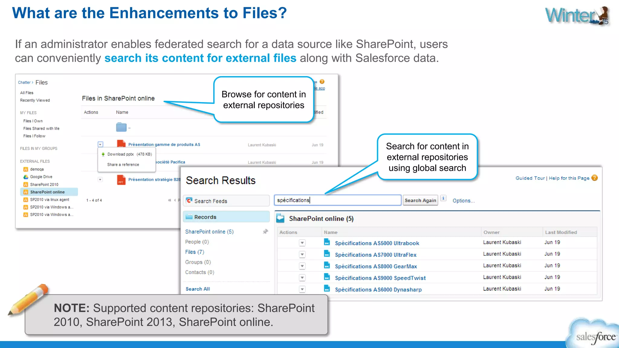 What are the Enhancements to Files? 
If an administrator enables federated search for a data source like SharePoint, users 
can conveniently search its content for external files along with Salesforce data. 
Browse for content in 
external repositories 
Search for content in 
external repositories 
using global search 
NOTE: Supported content repositories: SharePoint 
2010, SharePoint 2013, SharePoint online. 
 