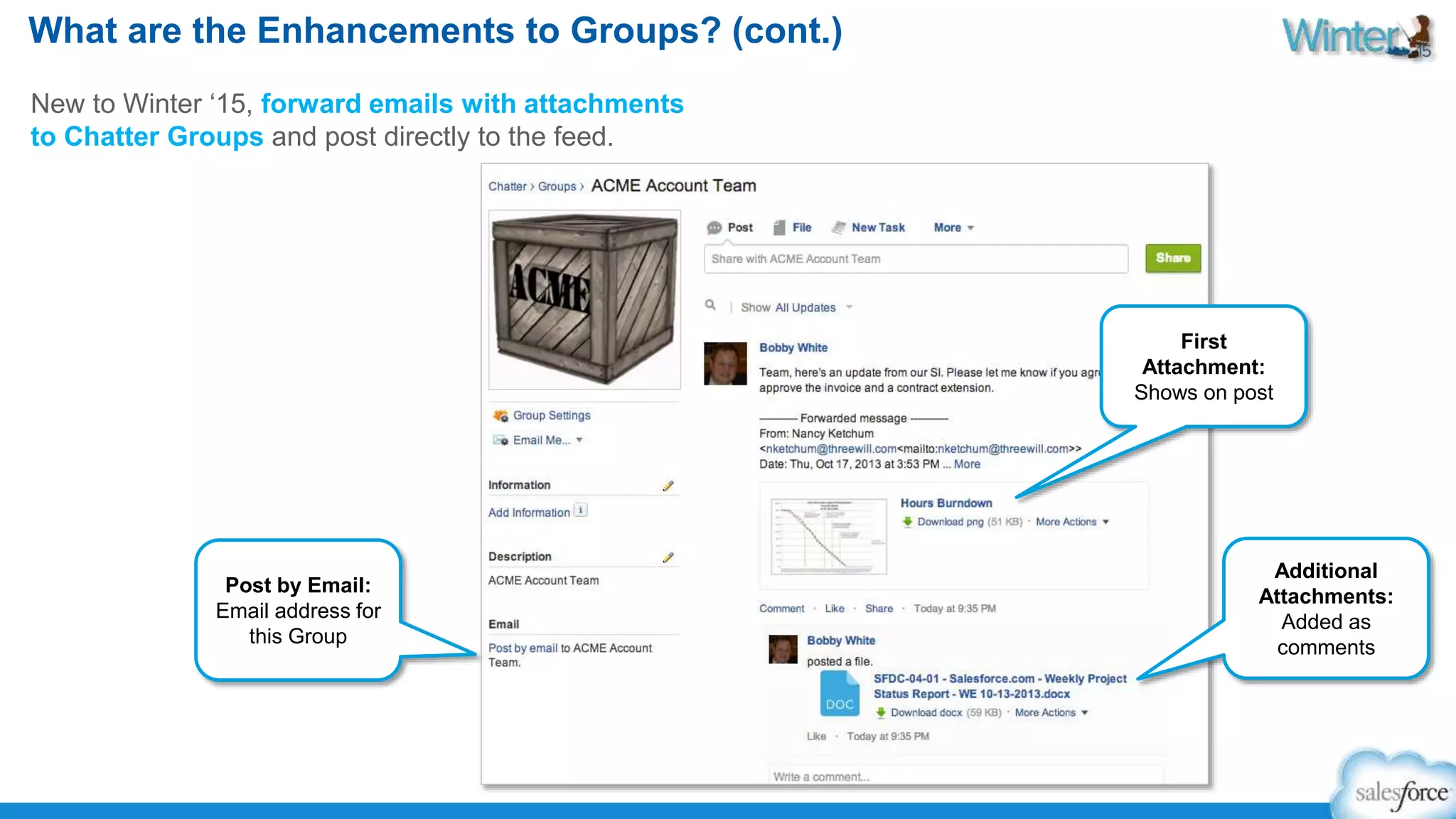 What are the Enhancements to Groups? (cont.) 
New to Winter ‘15, forward emails with attachments 
to Chatter Groups and post directly to the feed. 
First 
Attachment: 
Shows on post 
Post by Email: 
Email address for 
this Group 
Additional 
Attachments: 
Added as 
comments 
 