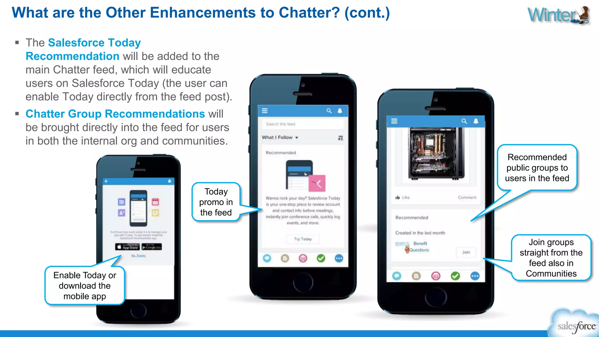 What are the Other Enhancements to Chatter? (cont.) 
 The Salesforce Today 
Recommendation will be added to the 
main Chatter feed, which will educate 
users on Salesforce Today (the user can 
enable Today directly from the feed post). 
 Chatter Group Recommendations will 
be brought directly into the feed for users 
in both the internal org and communities. 
Today 
promo in 
the feed 
Enable Today or 
download the 
mobile app 
Recommended 
public groups to 
users in the feed 
Join groups 
straight from the 
feed also in 
Communities 
 