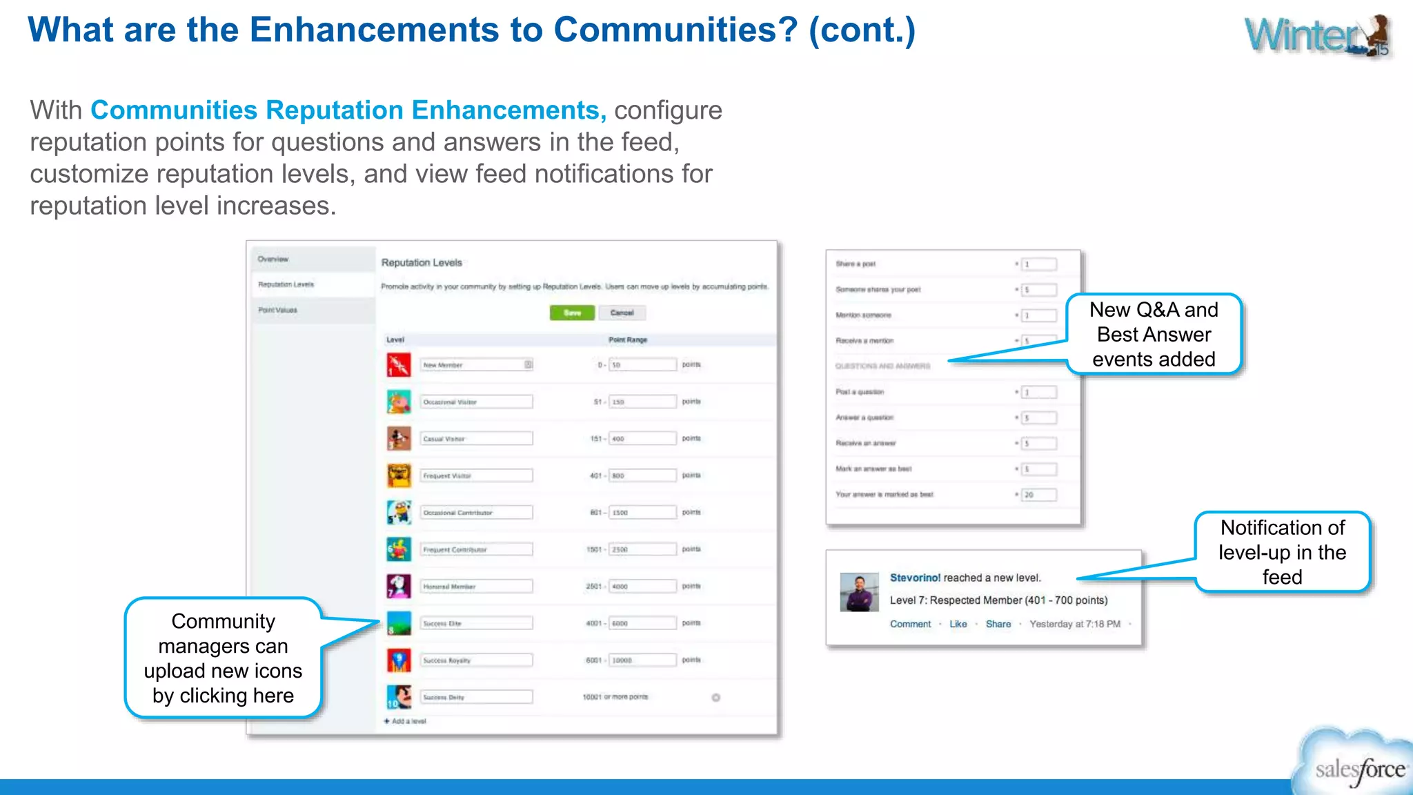 What are the Enhancements to Communities? (cont.) 
With Communities Reputation Enhancements, configure 
reputation points for questions and answers in the feed, 
customize reputation levels, and view feed notifications for 
reputation level increases. 
Community 
managers can 
upload new icons 
by clicking here 
New Q&A and 
Best Answer 
events added 
Notification of 
level-up in the 
feed 
 