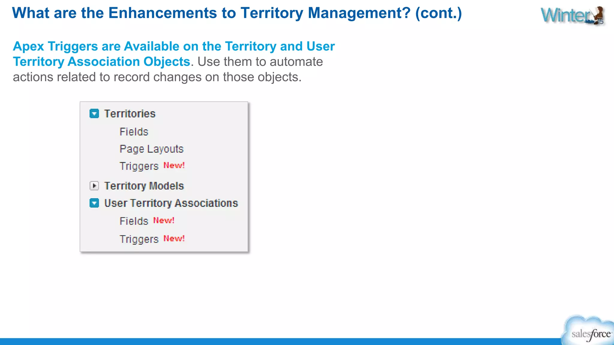 What are the Enhancements to Territory Management? (cont.) 
Apex Triggers are Available on the Territory and User 
Territory Association Objects. Use them to automate 
actions related to record changes on those objects. 
 