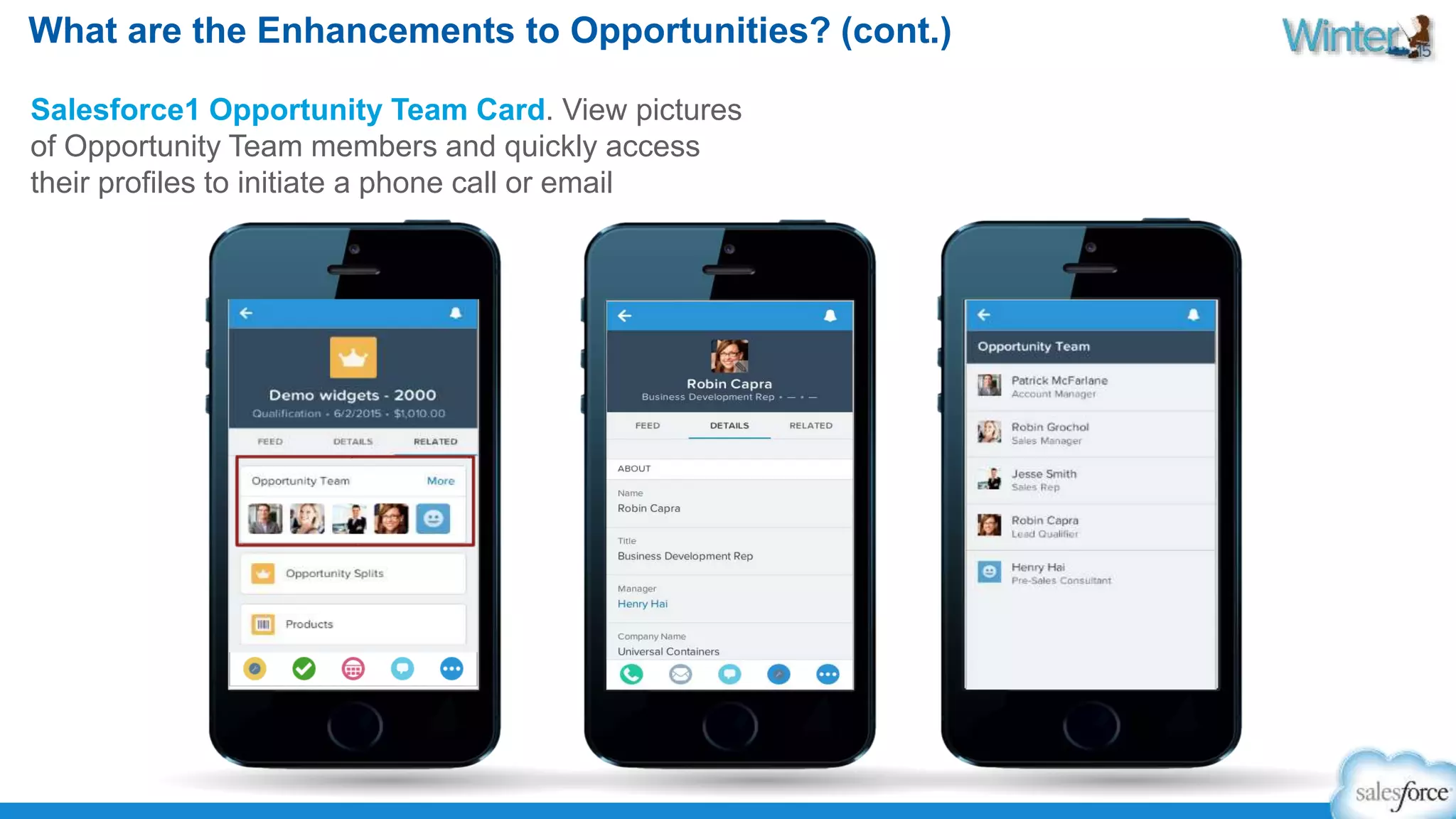 What are the Enhancements to Opportunities? (cont.) 
Salesforce1 Opportunity Team Card. View pictures 
of Opportunity Team members and quickly access 
their profiles to initiate a phone call or email 
 