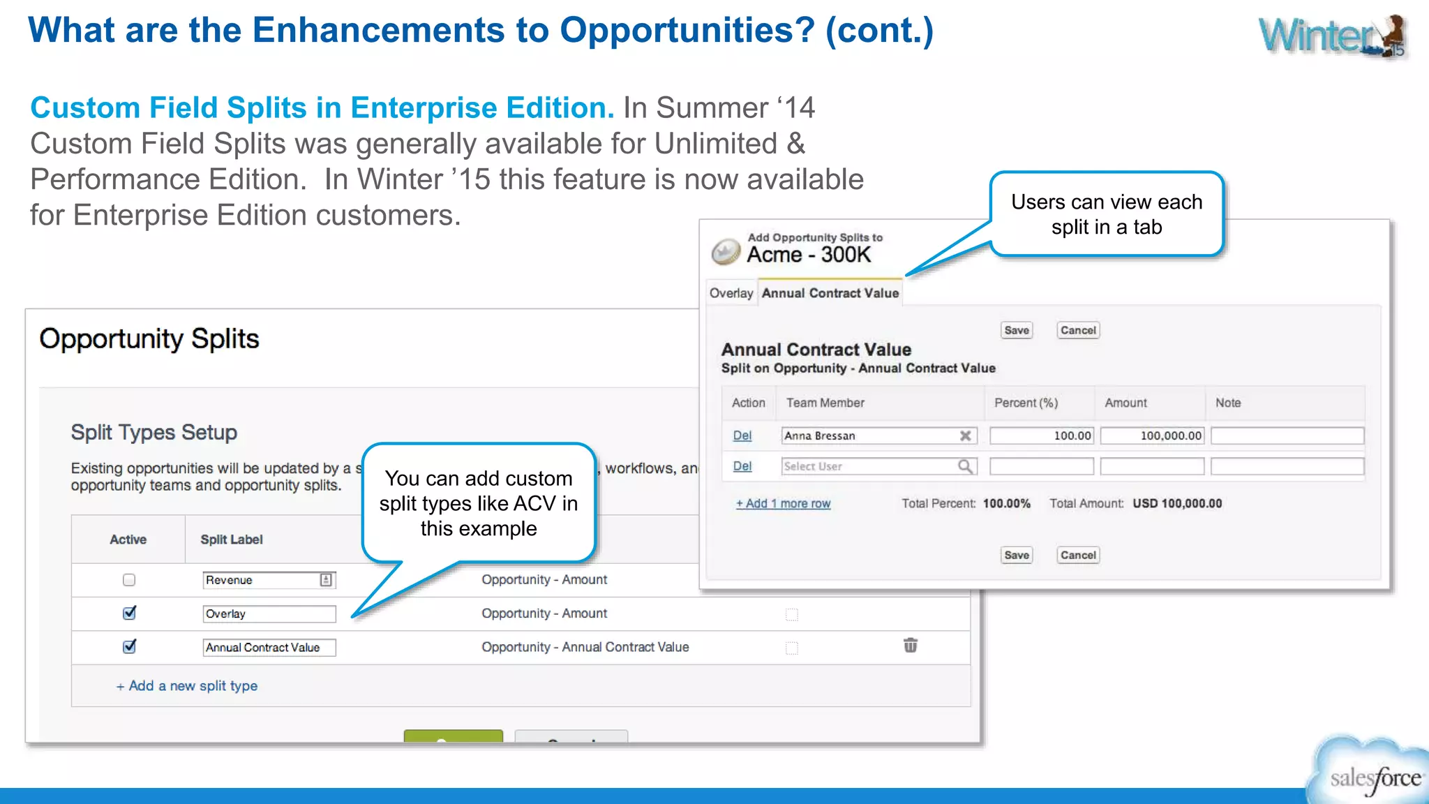 What are the Enhancements to Opportunities? (cont.) 
Custom Field Splits in Enterprise Edition. In Summer ‘14 
Custom Field Splits was generally available for Unlimited & 
Performance Edition. In Winter ’15 this feature is now available 
for Enterprise Edition customers. Users can view each 
split in a tab 
You can add custom 
split types like ACV in 
this example 
 
