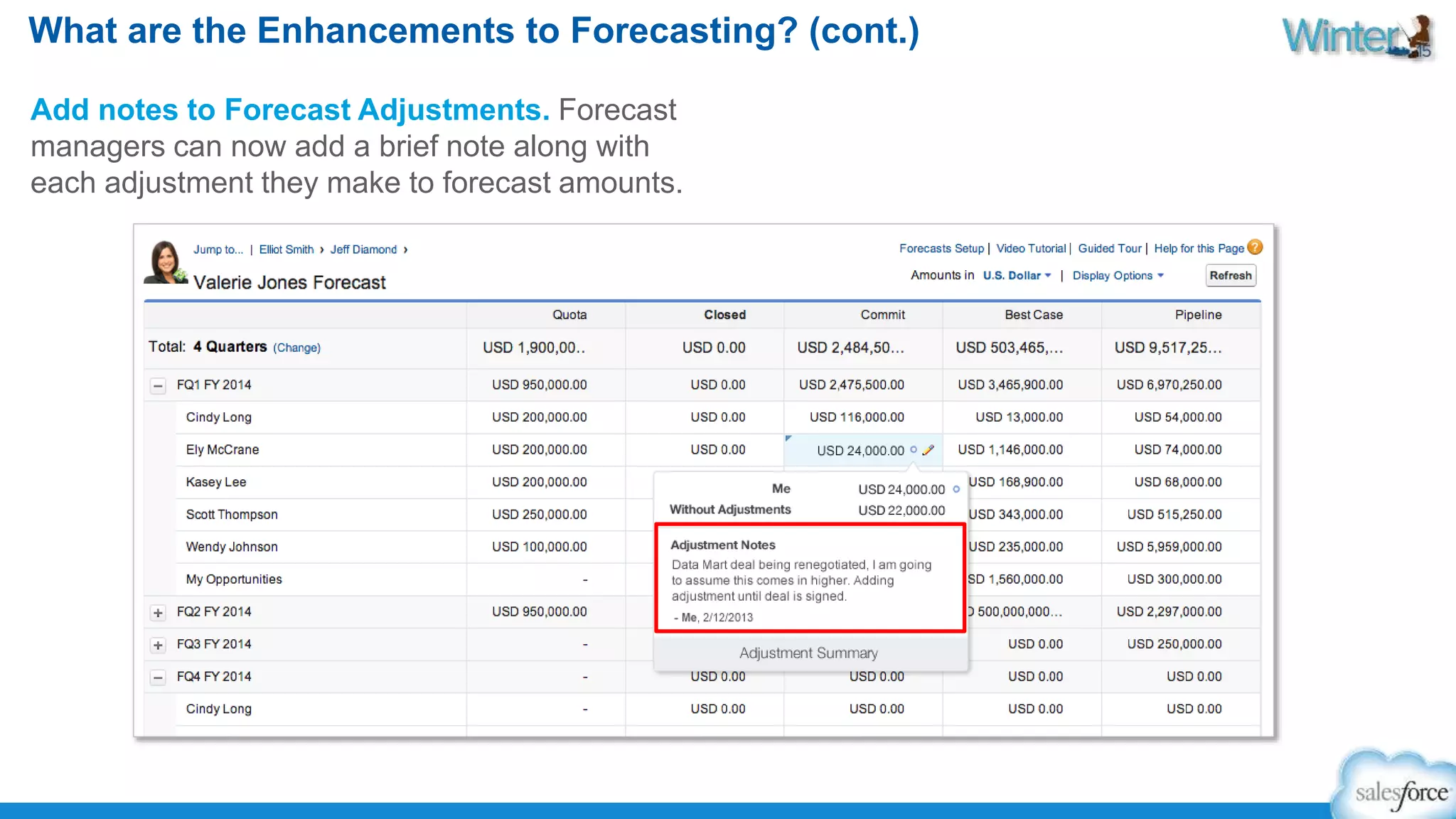 What are the Enhancements to Forecasting? (cont.) 
Add notes to Forecast Adjustments. Forecast 
managers can now add a brief note along with 
each adjustment they make to forecast amounts. 
 