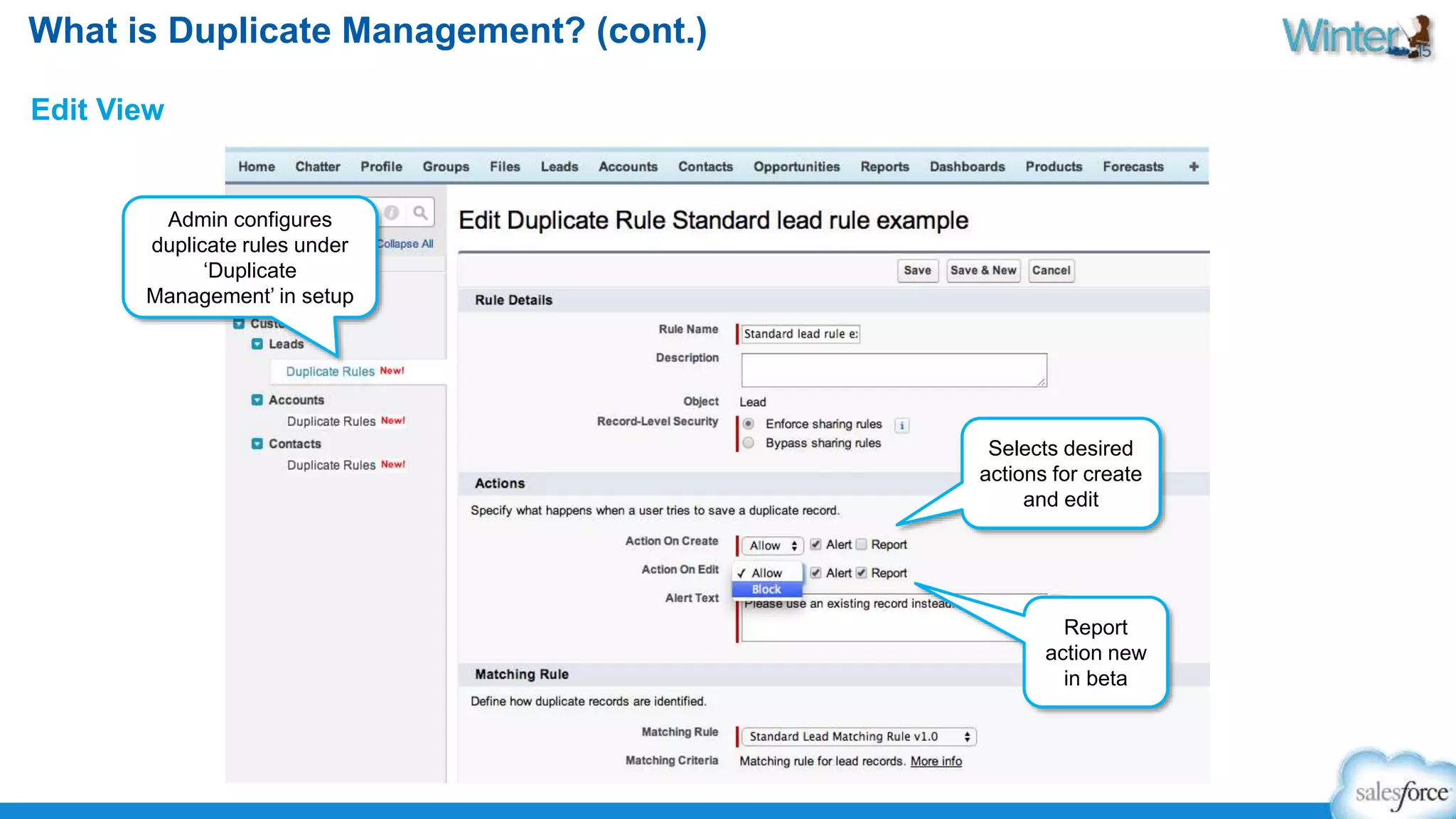 What is Duplicate Management? (cont.) 
Edit View 
Admin configures 
duplicate rules under 
‘Duplicate 
Management’ in setup 
Selects desired 
actions for create 
and edit 
Report 
action new 
in beta 
 
