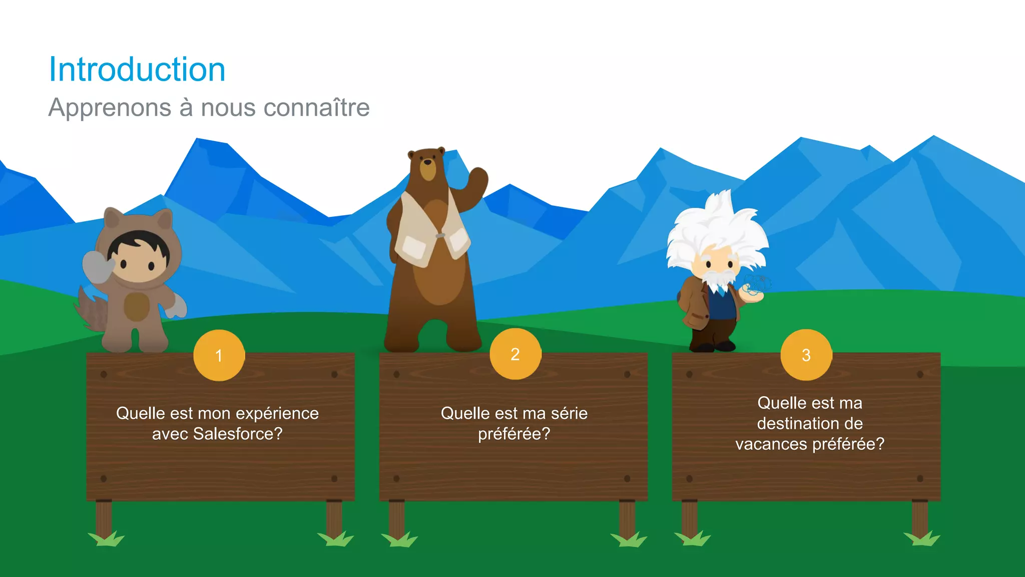 Introduction
Apprenons à nous connaître
2 31
Quelle est mon expérience
avec Salesforce?
Quelle est ma série
préférée?
Quelle est ma
destination de
vacances préférée?
 