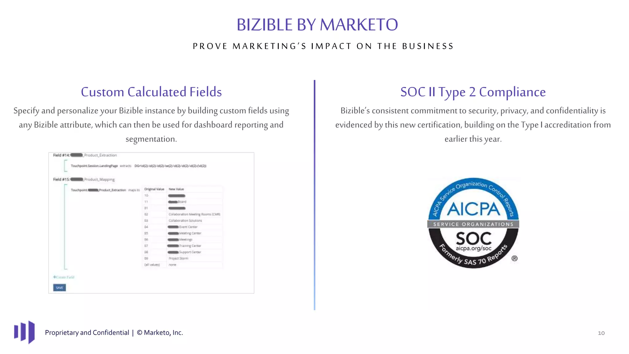 Proprietary and Confidential | © Marketo, Inc. 10
Custom CalculatedFields
Specify and personalize your Bizible instance by building custom fields using
any Bizible attribute, which canthen beused for dashboard reporting and
segmentation.
P R O V E M A R K E T I N G ’ S I M P A C T O N T H E B U S I N E S S
BIZIBLE BY MARKETO
SOC II Type 2 Compliance
Bizible’s consistent commitmentto security, privacy, and confidentiality is
evidenced by this new certification, building on the TypeI accreditation from
earlier this year.
 