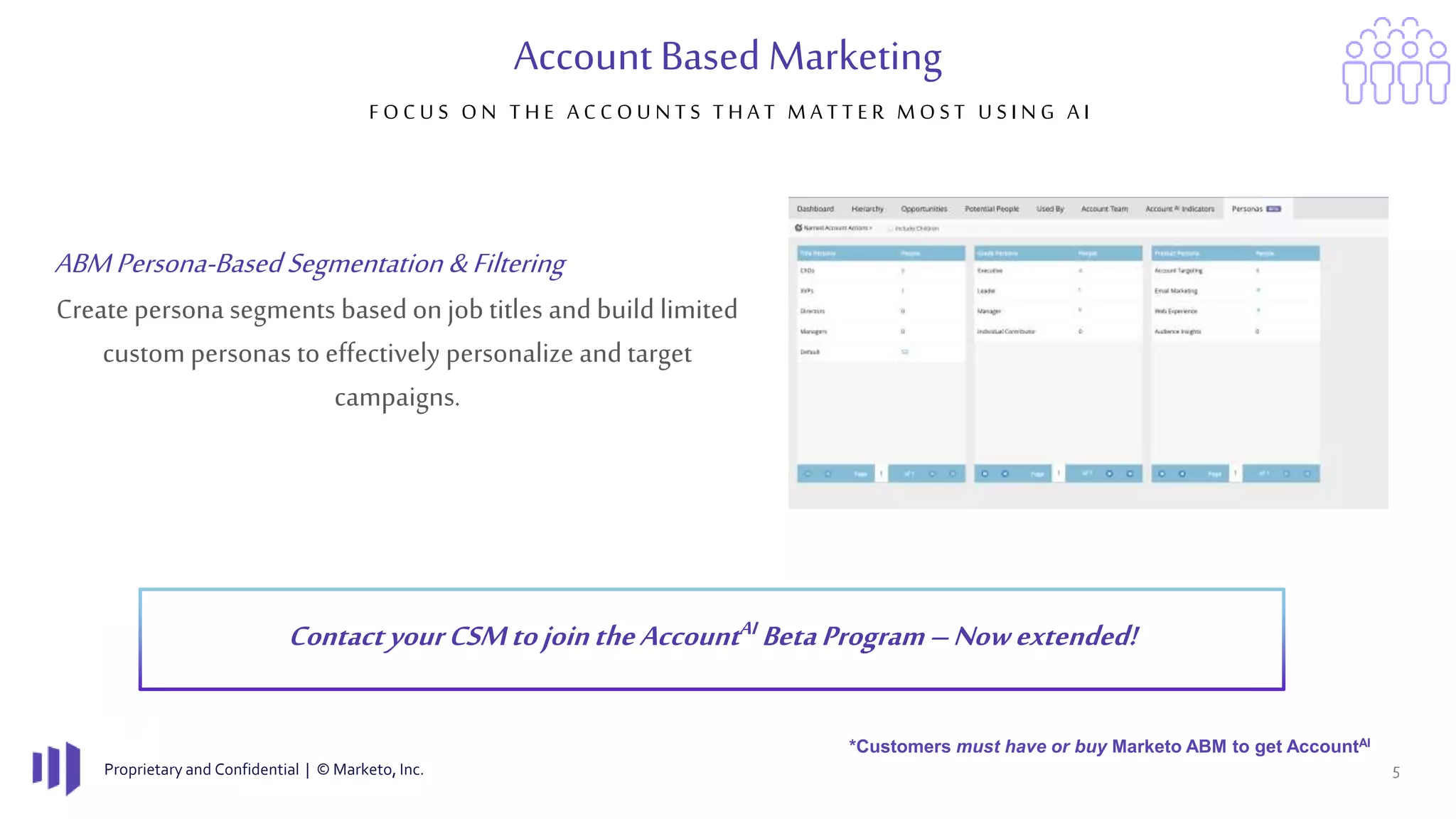 Proprietary and Confidential | © Marketo, Inc. 5
Account Based Marketing
*Customers must have or buy Marketo ABM to get AccountAI
F O C U S O N T H E A C C O U N T S T H A T M A T T E R M O S T U S I N G A I
Create persona segments based on job titles and build limited
custom personas to effectively personalize and target
campaigns.
ABMPersona-BasedSegmentation &Filtering
ContactyourCSMtojointheAccountAI BetaProgram–Nowextended!
 