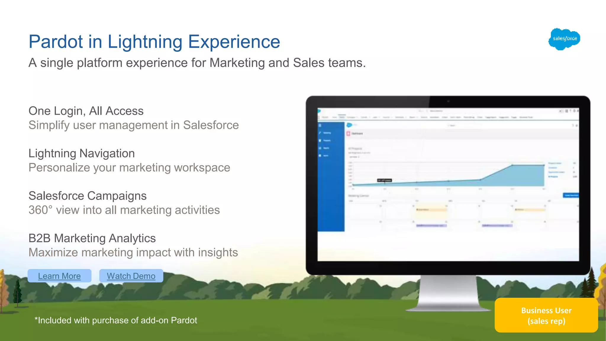 Business User
(sales rep)
Pardot in Lightning Experience
One Login, All Access
Simplify user management in Salesforce
Lightning Navigation
Personalize your marketing workspace
Salesforce Campaigns
360° view into all marketing activities
B2B Marketing Analytics
Maximize marketing impact with insights
A single platform experience for Marketing and Sales teams.
*Included with purchase of add-on Pardot
Learn More Watch Demo
 