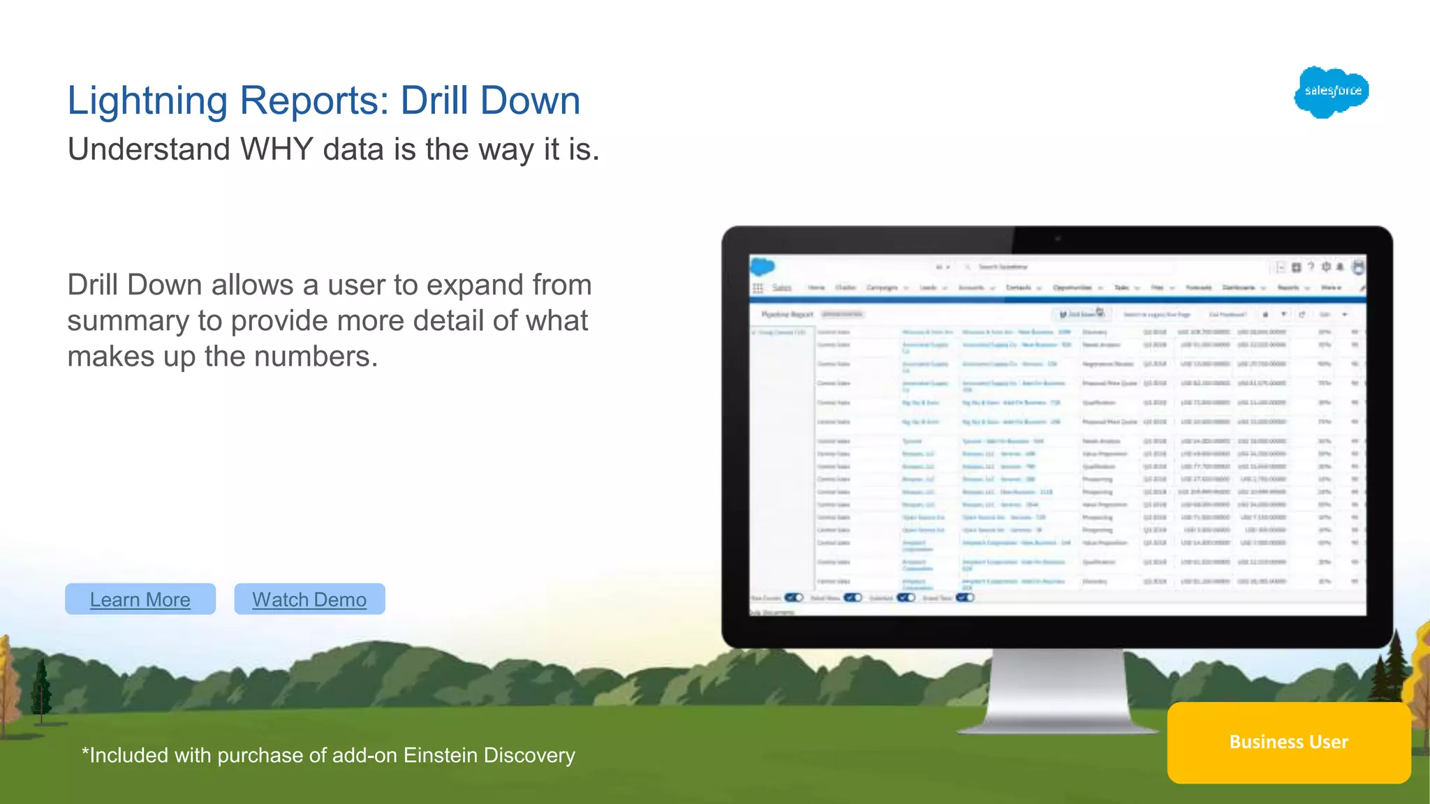 Business User
Lightning Reports: Drill Down
Drill Down allows a user to expand from
summary to provide more detail of what
makes up the numbers.
Understand WHY data is the way it is.
*Included with purchase of add-on Einstein Discovery
Learn More Watch Demo
 