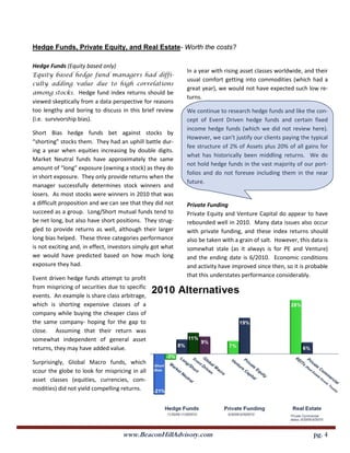 Hedge Funds, Private Equity, and Real Estate- Worth the costs?

Hedge Funds (Equity based only)
                                                            In a year with rising asset classes worldwide, and their
Equity based hedge fund managers had diffi-
                                                            usual comfort getting into commodities (which had a
culty adding value due to high correlations
                                                            great year), we would not have expected such low re-
among stocks. Hedge fund index returns should be
                                                            turns.
viewed skeptically from a data perspective for reasons
too lengthy and boring to discuss in this brief review      We continue to research hedge funds and like the con-
(i.e. survivorship bias).                                   cept of Event Driven hedge funds and certain fixed
                                                            income hedge funds (which we did not review here).
Short Bias hedge funds bet against stocks by
                                                            However, we can’t justify our clients paying the typical
“shorting” stocks them. They had an uphill battle dur-
                                                            fee structure of 2% of Assets plus 20% of all gains for
ing a year when equities increasing by double digits.
                                                            what has historically been middling returns. We do
Market Neutral funds have approximately the same
                                                            not hold hedge funds in the vast majority of our port-
amount of “long” exposure (owning a stock) as they do
                                                            folios and do not foresee including them in the near
in short exposure. They only provide returns when the
                                                            future.
manager successfully determines stock winners and
losers. As most stocks were winners in 2010 that was
a difficult proposition and we can see that they did not    Private Funding
succeed as a group. Long/Short mutual funds tend to         Private Equity and Venture Capital do appear to have
be net long, but also have short positions. They strug-     rebounded well in 2010. Many data issues also occur
gled to provide returns as well, although their larger      with private funding, and these index returns should
long bias helped. These three categories performance        also be taken with a grain of salt. However, this data is
is not exciting and, in effect, investors simply got what   somewhat stale (as it always is for PE and Venture)
we would have predicted based on how much long              and the ending date is 6/2010. Economic conditions
exposure they had.                                          and activity have improved since then, so it is probable
                                                            that this understates performance considerably.
Event driven hedge funds attempt to profit
from mispricing of securities due to specific
events. An example is share class arbitrage,
which is shorting expensive classes of a
company while buying the cheaper class of
the same company- hoping for the gap to
close. Assuming that their return was
somewhat independent of general asset
returns, they may have added value.

Surprisingly, Global Macro funds, which
scour the globe to look for mispricing in all
asset classes (equities, currencies, com-
modities) did not yield compelling returns.




                                    www.BeaconHillAdvisory.com                                                 pg. 4
 