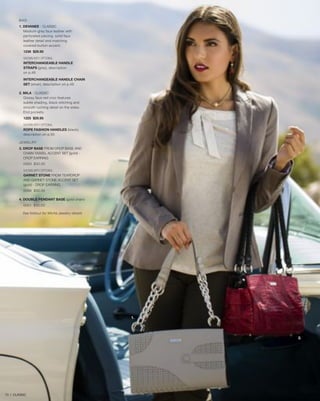 B AG
1. DEVANEE - CLASSIC
Medium-grey faux leather with
perforated piecing, solid faux
leather detail and matching
covered button accent.
1238 $29.95
SHOWN WITH OPTIONAL
INTERCHANGEABLE HANDLE
STRAPS (grey), description
on p.48
INTERCHANGEABLE HANDLE CHAIN
SET (silver), description on p.49
2. MILA - CLASSIC
Glossy faux red croc features
subtle shading, black stitching and
smooth ruching detail on the sides.
End pockets.
1225 $29.95
SHOWN WITH OPTIONAL
ROPE FASHION HANDLES (black),
description on p.50
JEW EL RY
3. DROP BASE FROM DROP BASE AND
CHAIN TASSEL ACCENT SET (gold) DROP EARRING
0064 $30.00
SHOWN WITH OPTIONAL
GARNET STONE FROM TEARDROP
AND GARNET STONE ACCENT SET
(gold) - DROP EARRING
0066 $30.00
4. DOUBLE PENDANT BASE (gold chain)
0001 $30.00
See foldout for Miche Jewelry details

1.

2.

73 | CLASSIC

 