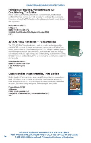 14 
For PUBLICATION DESCRIPTIONS or to PLACE YOUR ORDER, 
VISIT: WWW.ASHRAE.ORG/BOOKSTORE or CALL 1-800-527-4723 (US and Canada) 
1-404-636-8400 (International). Prices subject to change without notice. 
Principles of Heating, Ventilating and Air 
Conditioning, 7th Edition 
Based on the 2013 ASHRAE Handbook—Fundamentals, this textbook 
contains the most current ASHRAE procedures and easy-to-understand 
treatment of building HVAC systems, from basic principles through design 
and operation. 
Product Code: 90557 
600 pages 
ISBN: 978-1-936504-57-2 
$94 (ASHRAE Member $79, Student Member $58) 
2013 
2013 ASHRAE Handbook — Fundamentals 
The 2013 ASHRAE Handbook covers basic principles and data used in 
the HVAC&R industry. Updated with research sponsored by ASHRAE and 
others, this volume includes 1,000 pages and 39 chapters covering general 
engineering information, basic materials, climate data, load and energy 
calculations, duct and pipe design, and sustainability, plus reference tables 
for abbreviations and symbols, I-P to SI conversions, and physical properties 
of materials. 
Product Code: 90557 
ISBN: 978-1-936504-45-9 
$199 (CD-ROM $179) 
2013 
Understanding Psychrometrics, Third Edition 
Understanding Psychrometrics serves as a lifetime reference manual and 
basic refresher course for those who use psychrometrics on a recurring 
basis and provides a four- to six-hour psychrometrics learning module to 
students, air-conditioning designers, meteorologists and others. 
Product Code: 90167 
405 pages 
ISBN: 978-1-936504-31-2 
$99 (ASHRAE Member $84, Student Member $45) 
2013 
EDUCATIONAL RESOURCES AND TEXTBOOKS 
 