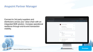 Anypoint Partner Manager
Connect to 3rd party suppliers and
distributors across your value chain with an
integrated B2B solution. Increase operational
resilience through end-to-end transaction
visibility.
Learn More
Developer
*Add-on for Mulesoft Anypoint Platform
 