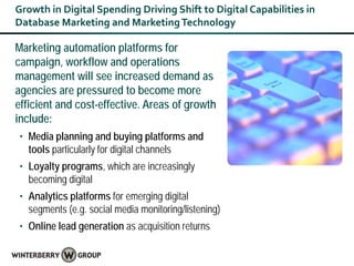 Growth in Digital Spending Driving Shift to Digital Capabilities in
Database Marketing and Marketing Technology

Marketing automation platforms for
campaign, workflow and operations
management will see increased demand as
agencies are pressured to become more
efficient and cost-effective. Areas of growth
include:
• Media planning and buying platforms and
  tools particularly for digital channels
• Loyalty programs, which are increasingly
  becoming digital
• Analytics platforms for emerging digital
  segments (e.g. social media monitoring/listening)
• Online lead generation as acquisition returns
 