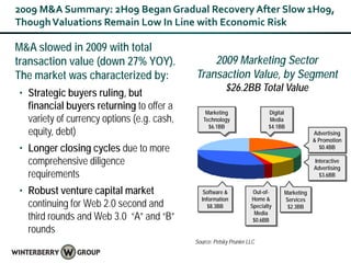 2009 M&A Summary: 2H09 Began Gradual Recovery After Slow 1H09,
Though Valuations Remain Low In Line with Economic Risk

M&A slowed in 2009 with total
transaction value (down 27% YOY).               2009 Marketing Sector
The market was characterized by:            Transaction Value, by Segment
• Strategic buyers ruling, but                           $26.2BB Total Value
  financial buyers returning to offer a
                                                Marketing                  Digital
  variety of currency options (e.g. cash,      Technology                  Media
                                                 $6.1BB                    $4.1BB
  equity, debt)                                                                              Advertising
                                                                                             & Promotion
• Longer closing cycles due to more                                                            $0.4BB

  comprehensive diligence                                                                    Interactive
                                                                                             Advertising
  requirements                                                                                 $3.6BB

• Robust venture capital market                Software &            Out-of-     Marketing
                                              Information           Home &       Services
  continuing for Web 2.0 second and              $8.3BB             Specialty     $2.3BB
  third rounds and Web 3.0 “A” and “B”                               Media
                                                                     $0.6BB
  rounds
                                            Source: Petsky Prunier LLC
 