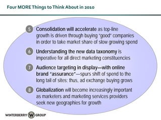 Four MORE Things to Think About in 2010



         5   Consolidation will accelerate as top-line
             growth is driven through buying “good” companies
             in order to take market share of slow growing spend
         6   Understanding the new data taxonomy is
             imperative for all direct marketing constituencies
         7   Audience targeting in display—with online
             brand “assurance”—spurs shift of spend to the
             long tail of sites; thus, ad exchange buying grows
         8   Globalization will become increasingly important
             as marketers and marketing services providers
             seek new geographies for growth
 