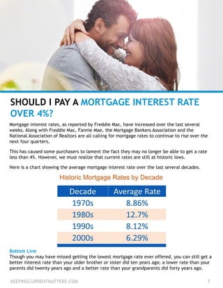 SHOULD I PAY A MORTGAGE INTEREST RATE
OVER 4%?
Mortgage interest rates, as reported by Freddie Mac, have increased over the last several
weeks. Along with Freddie Mac, Fannie Mae, the Mortgage Bankers Association and the
National Association of Realtors are all calling for mortgage rates to continue to rise over the
next four quarters.
This has caused some purchasers to lament the fact they may no longer be able to get a rate
less than 4%. However, we must realize that current rates are still at historic lows.
Here is a chart showing the average mortgage interest rate over the last several decades.
KEEPINGCURRENTMATTERS.COM 7
Bottom Line
Though you may have missed getting the lowest mortgage rate ever offered, you can still get a
better interest rate than your older brother or sister did ten years ago; a lower rate than your
parents did twenty years ago and a better rate than your grandparents did forty years ago.
 