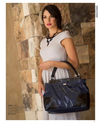 PRIMA




JANICE - PRIMA
Navy blue embossed woven
pattern with black accents
and tie detail. Shown with
Classic Handles (black), p.75
7572 $44.95




                                42
 