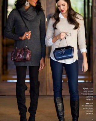 PETITE
   ARIANA - PETITE
      Purple croc faux
    leather with black
accents. Endpockets.
   Shown with Petite
         Long Handle
         (black), p.76
        5154 $18.95


       JEAN - DEMI
Navy blue embossed
      woven pattern
  with black accents
       and tie detail.
       End pockets.
       5131 $18.95



                    56
 